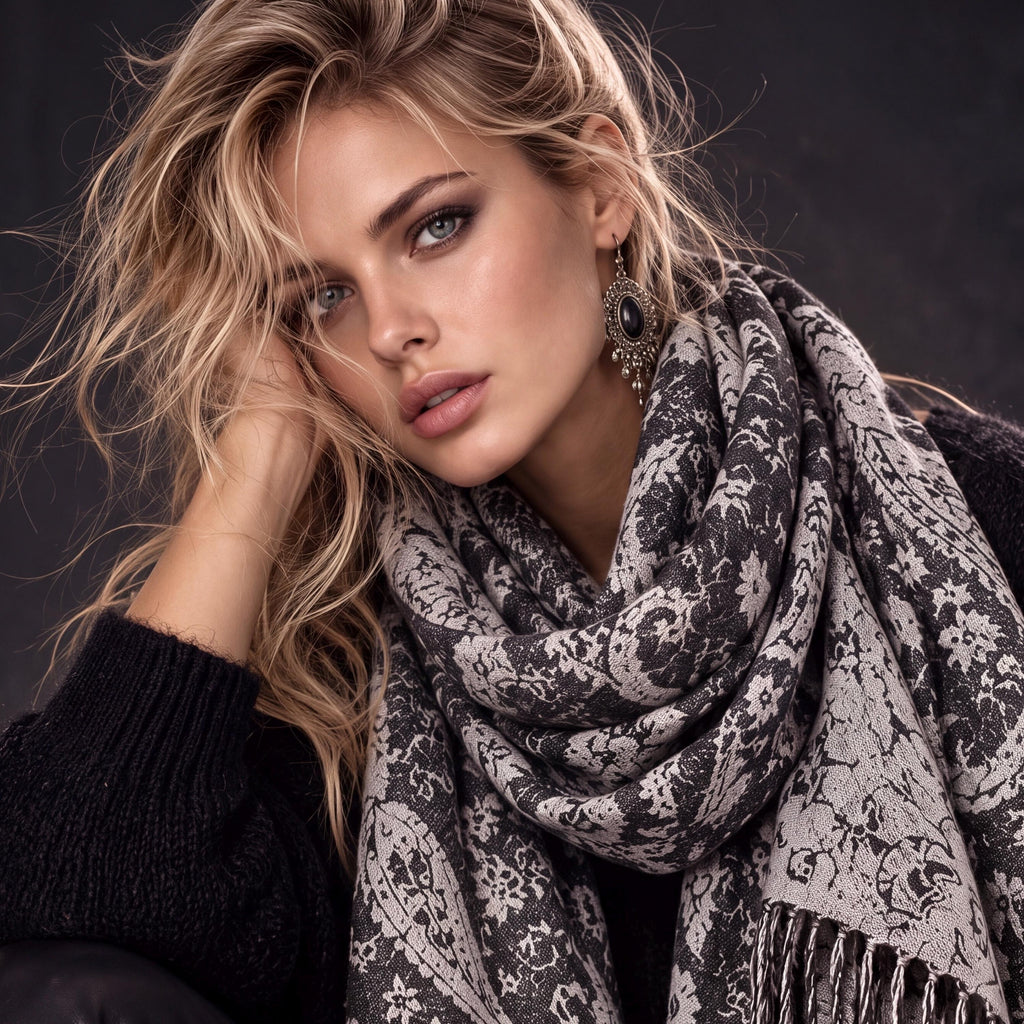 Charcoal Grey Monochrome Paisley Winter Scarf, Reversible Ornate Wrap, Ultra Soft Bohemian Shawl, Thoughtful Gift for Womens