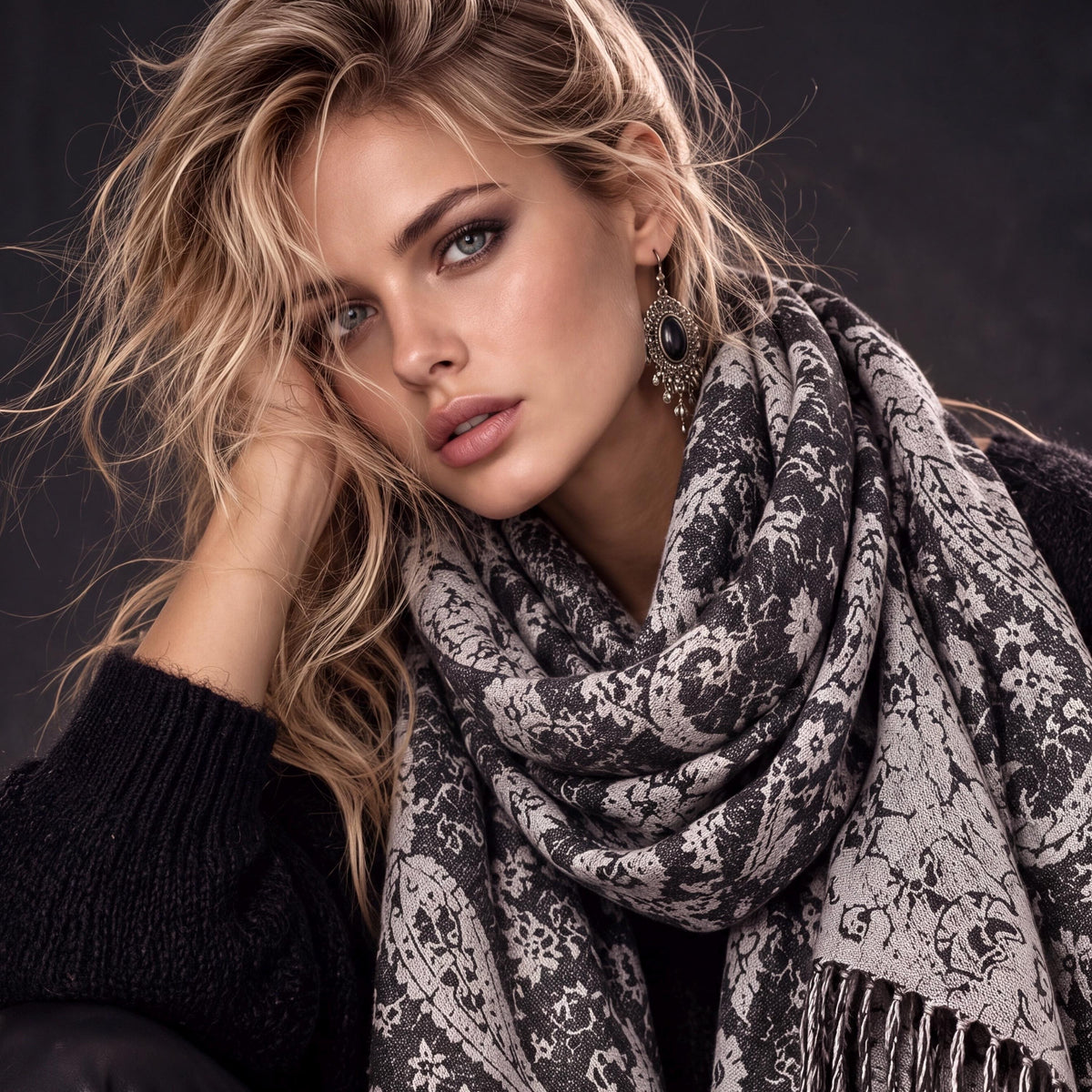 Charcoal Grey Monochrome Paisley Winter Scarf, Reversible Ornate Wrap, Ultra Soft Bohemian Shawl, Thoughtful Gift for Womens
