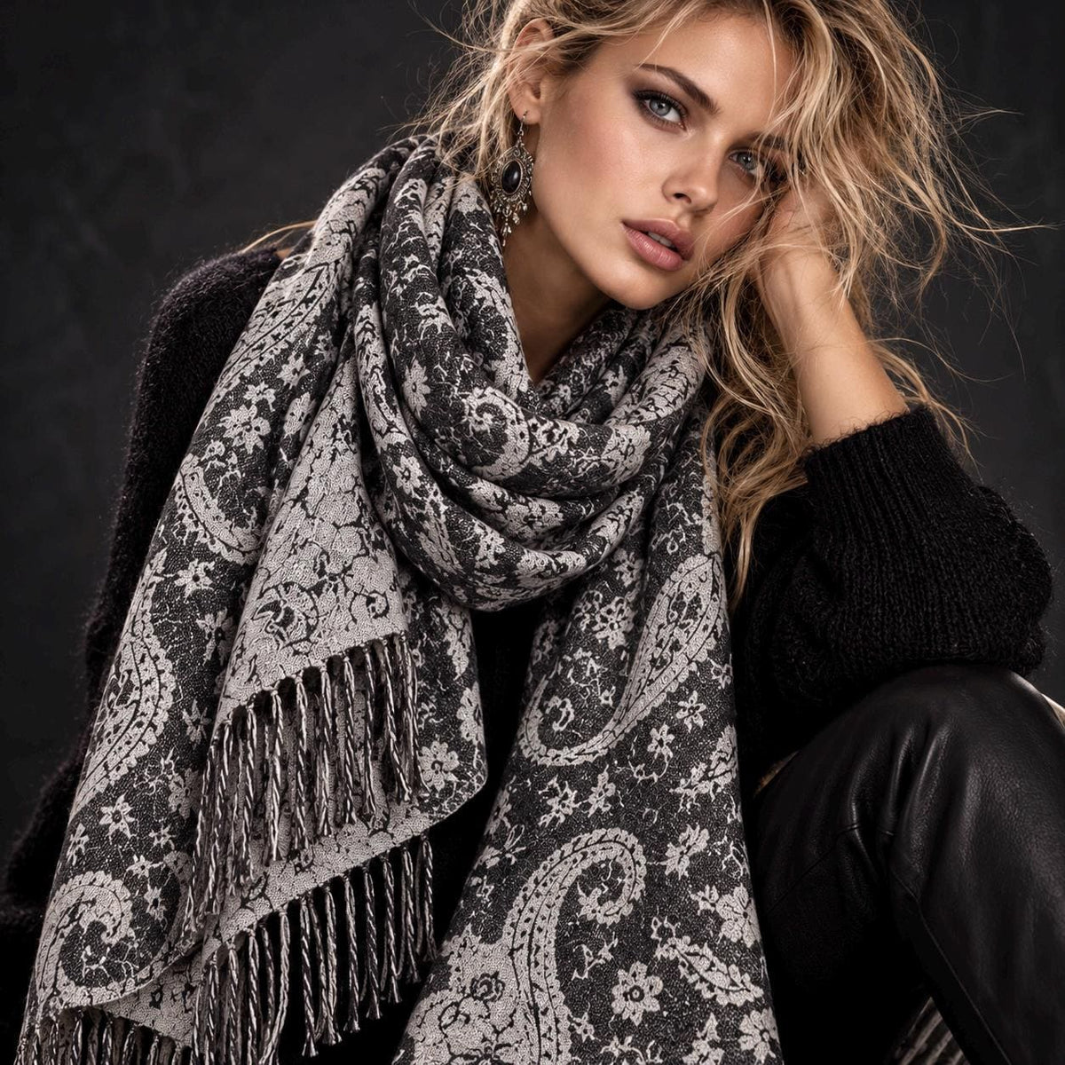 Charcoal Grey Monochrome Paisley Winter Scarf, Reversible Ornate Wrap, Ultra Soft Bohemian Shawl, Thoughtful Gift for Womens