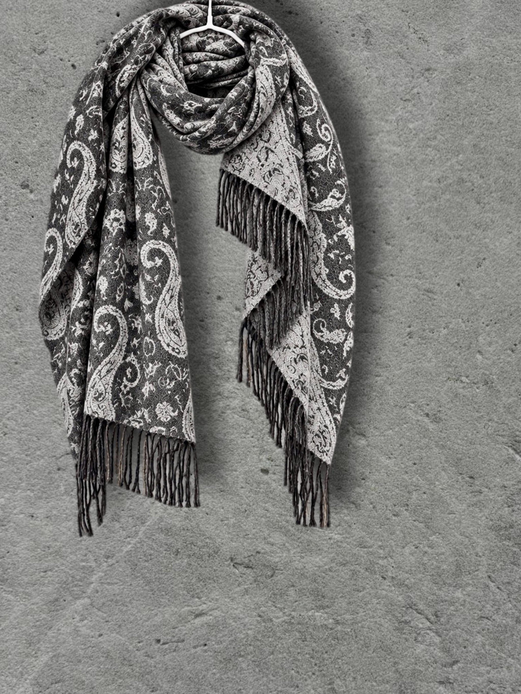 Charcoal Grey Monochrome Paisley Winter Scarf, Reversible Ornate Wrap, Ultra Soft Bohemian Shawl, Thoughtful Gift for Womens