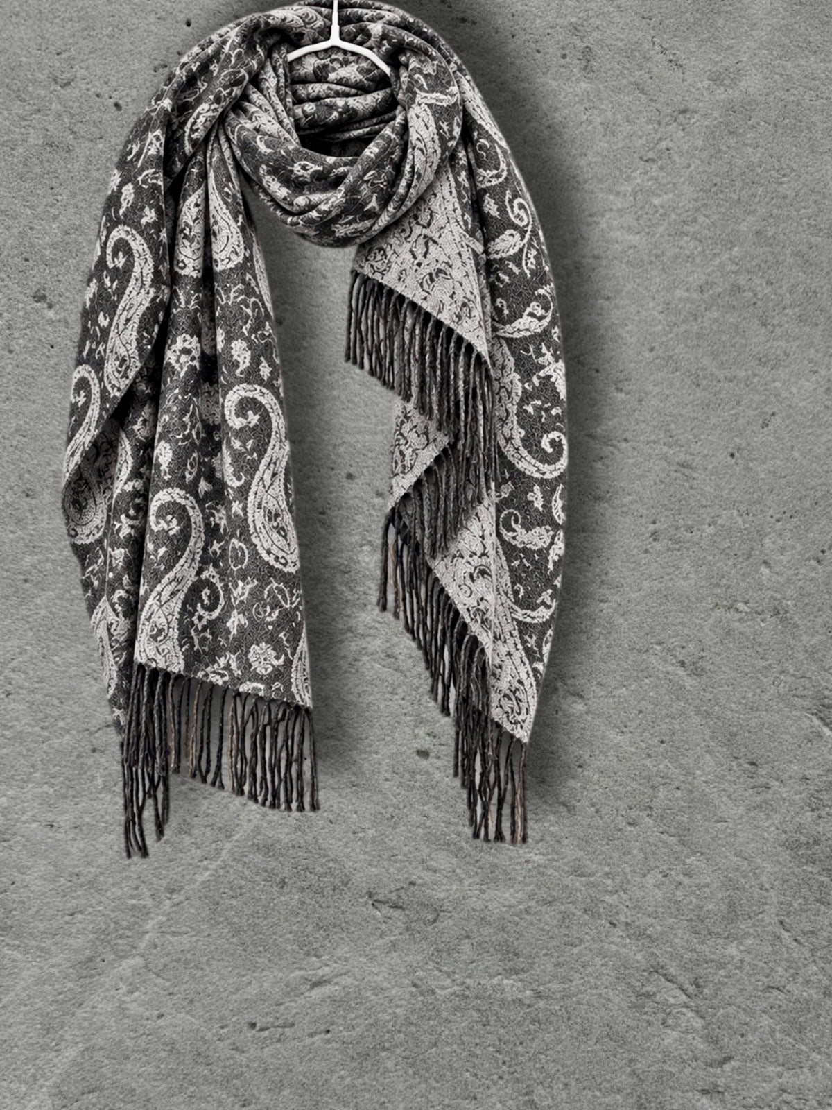 Charcoal Grey Monochrome Paisley Winter Scarf, Reversible Ornate Wrap, Ultra Soft Bohemian Shawl, Thoughtful Gift for Womens