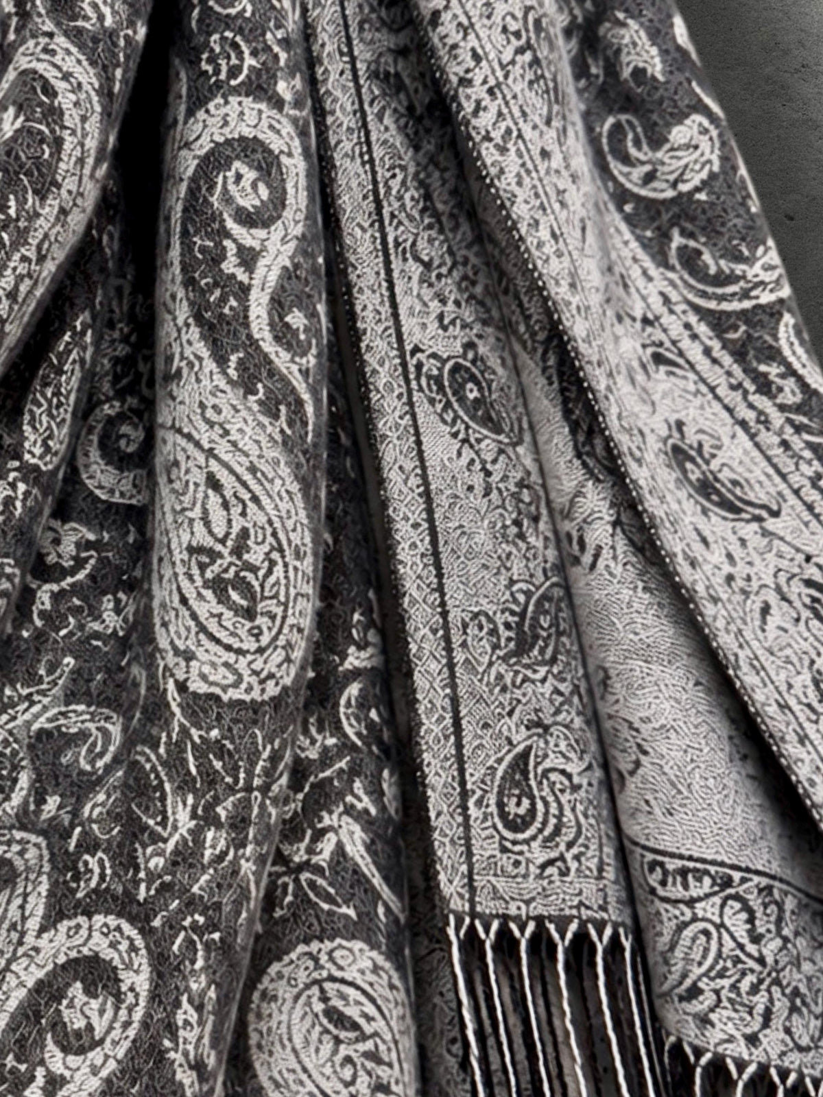 Charcoal Grey Monochrome Paisley Winter Scarf, Reversible Ornate Wrap, Ultra Soft Bohemian Shawl, Thoughtful Gift for Womens