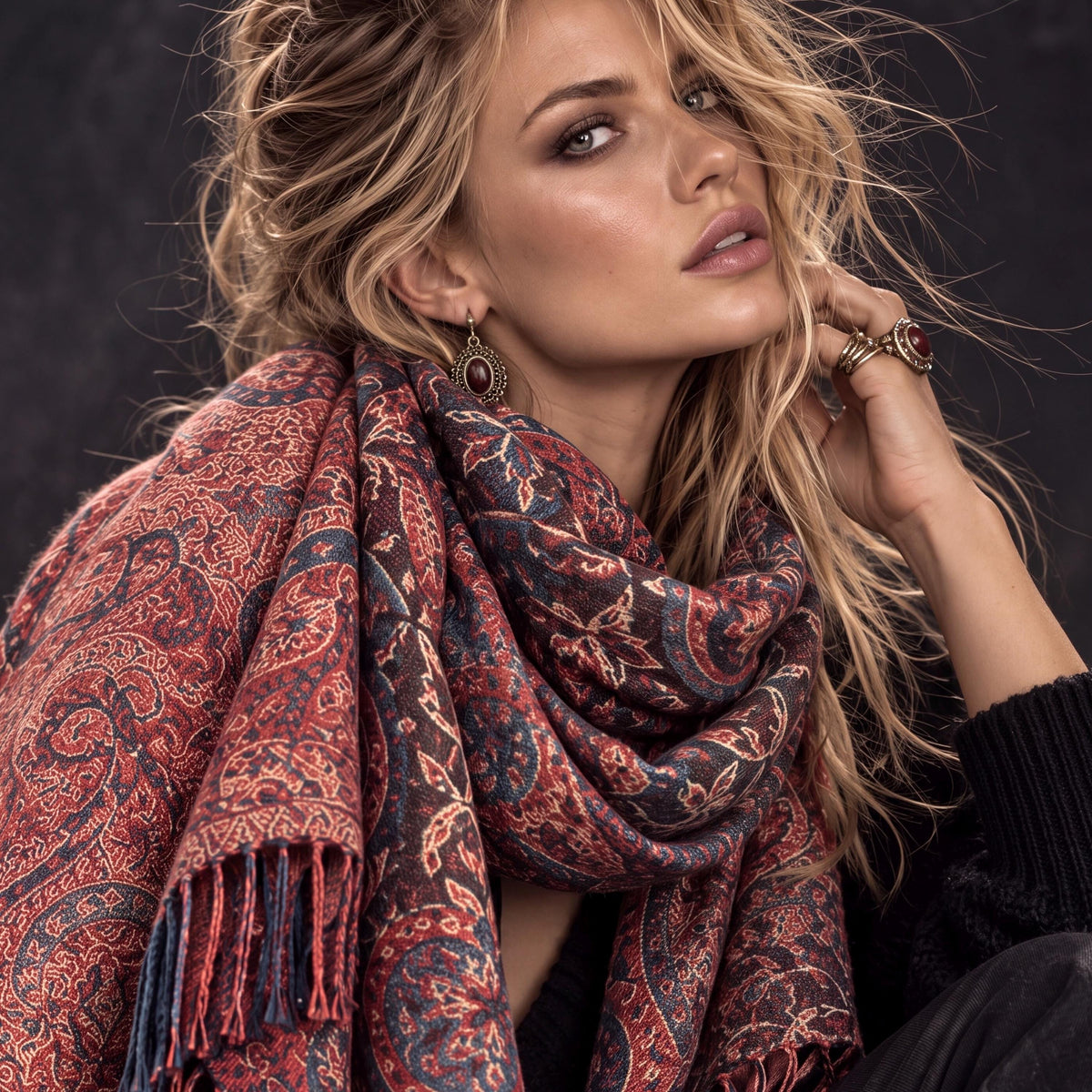 Brown Red Paisley Reversible Winter Scarf, Vintage Bohemian Wrap, Ornate Tapestry Shawl, Soft Warm Womens Gifts