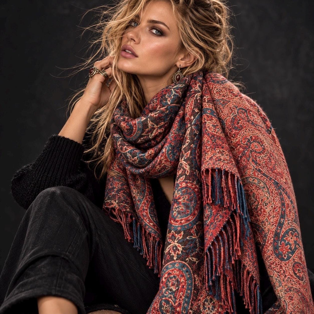 Brown Red Paisley Reversible Winter Scarf, Vintage Bohemian Wrap, Ornate Tapestry Shawl, Soft Warm Womens Gifts