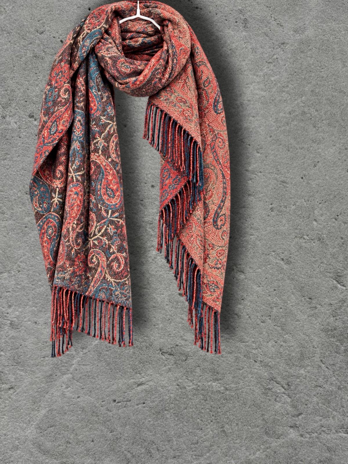 Brown Red Paisley Reversible Winter Scarf, Vintage Bohemian Wrap, Ornate Tapestry Shawl, Soft Warm Womens Gifts