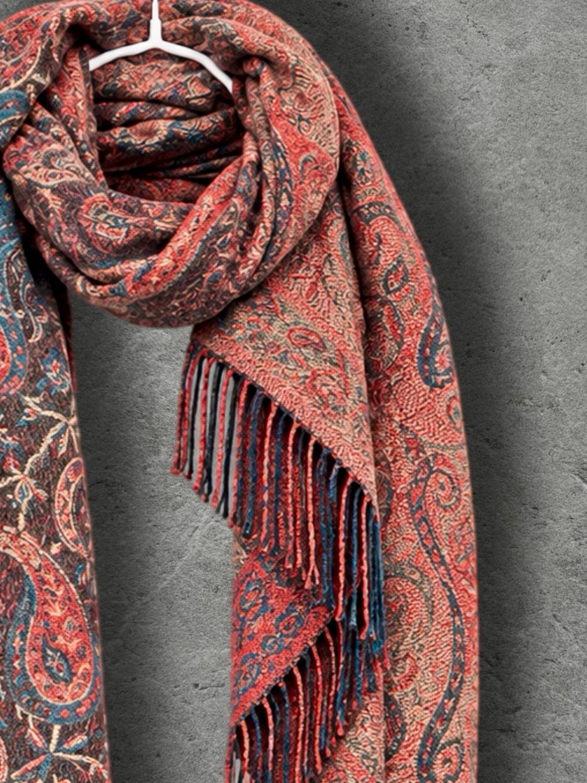Brown Red Paisley Reversible Winter Scarf, Vintage Bohemian Wrap, Ornate Tapestry Shawl, Soft Warm Womens Gifts