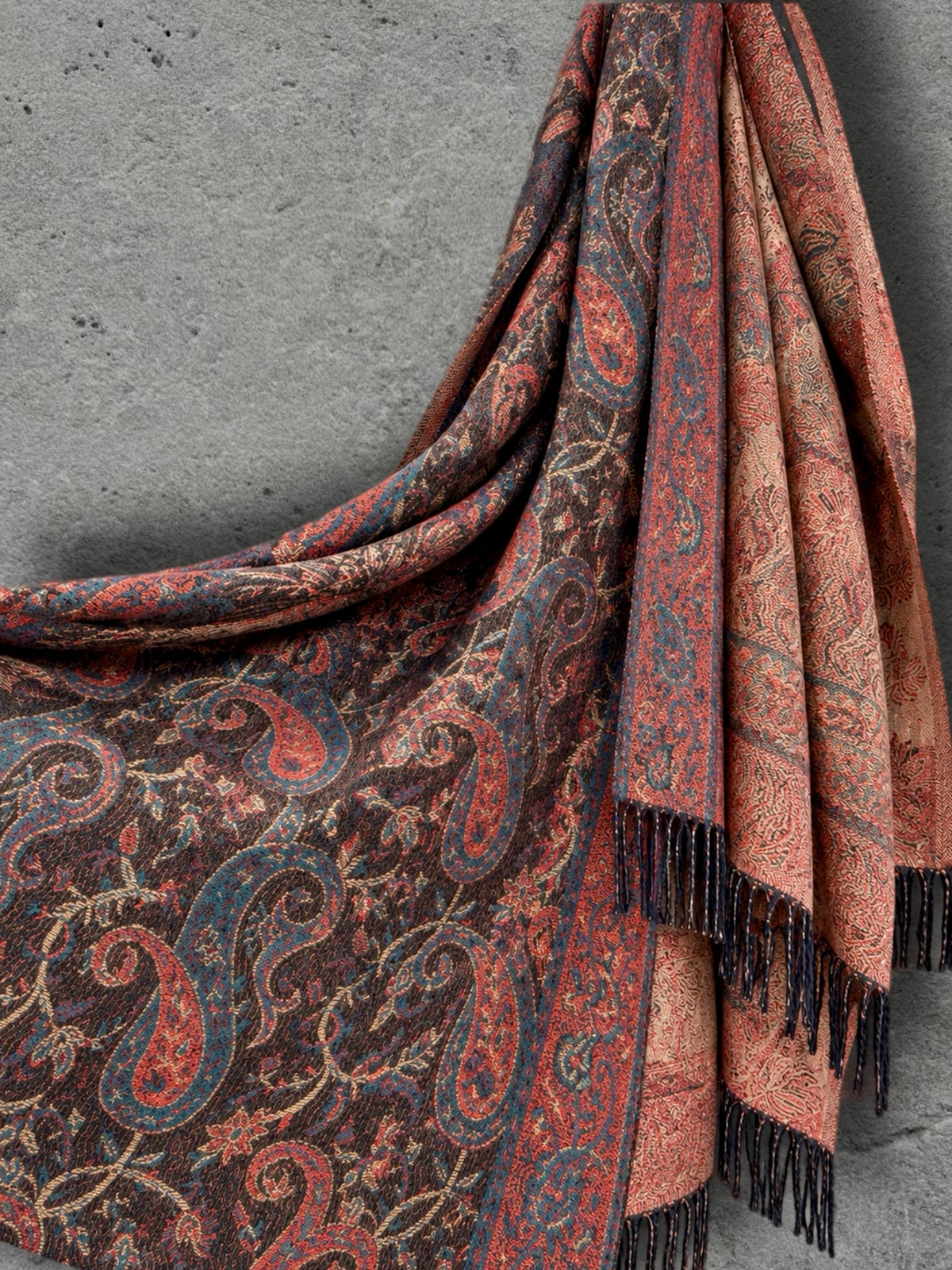 Brown Red Paisley Reversible Winter Scarf, Vintage Bohemian Wrap, Ornate Tapestry Shawl, Soft Warm Womens Gifts