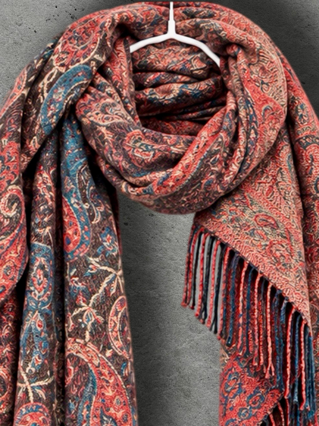 Brown Red Paisley Reversible Winter Scarf, Vintage Bohemian Wrap, Ornate Tapestry Shawl, Soft Warm Womens Gifts