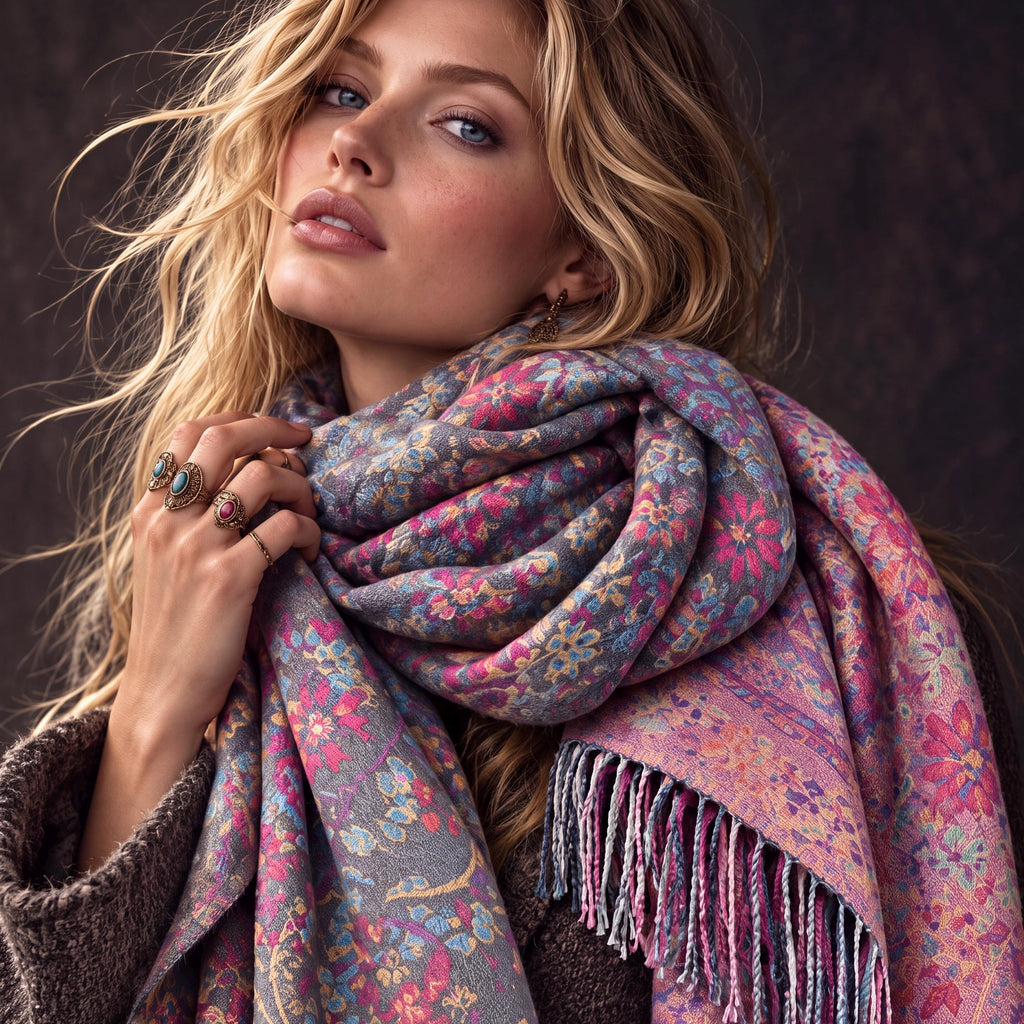 Grey Pink Botanical Winter Scarf, Reversible Floral Trees Wrap for Women, Colourful Boho Shawl,Warm Gifts for Her