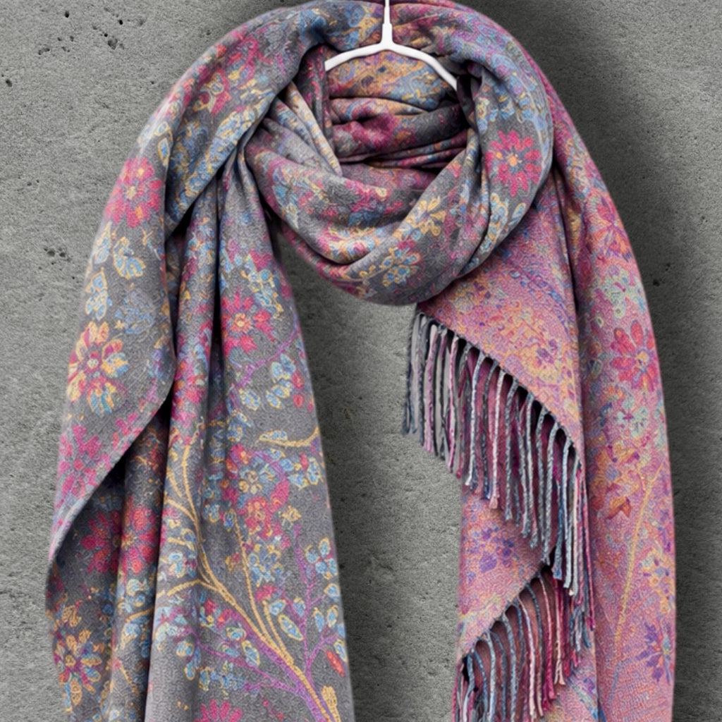 Grey Pink Botanical Winter Scarf, Reversible Floral Trees Wrap for Women, Colourful Boho Shawl,Warm Gifts for Her