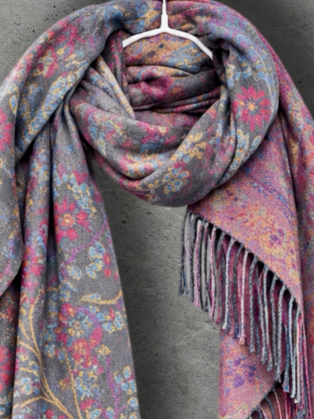 Grey Pink Botanical Winter Scarf, Reversible Floral Trees Wrap for Women, Colourful Boho Shawl,Warm Gifts for Her