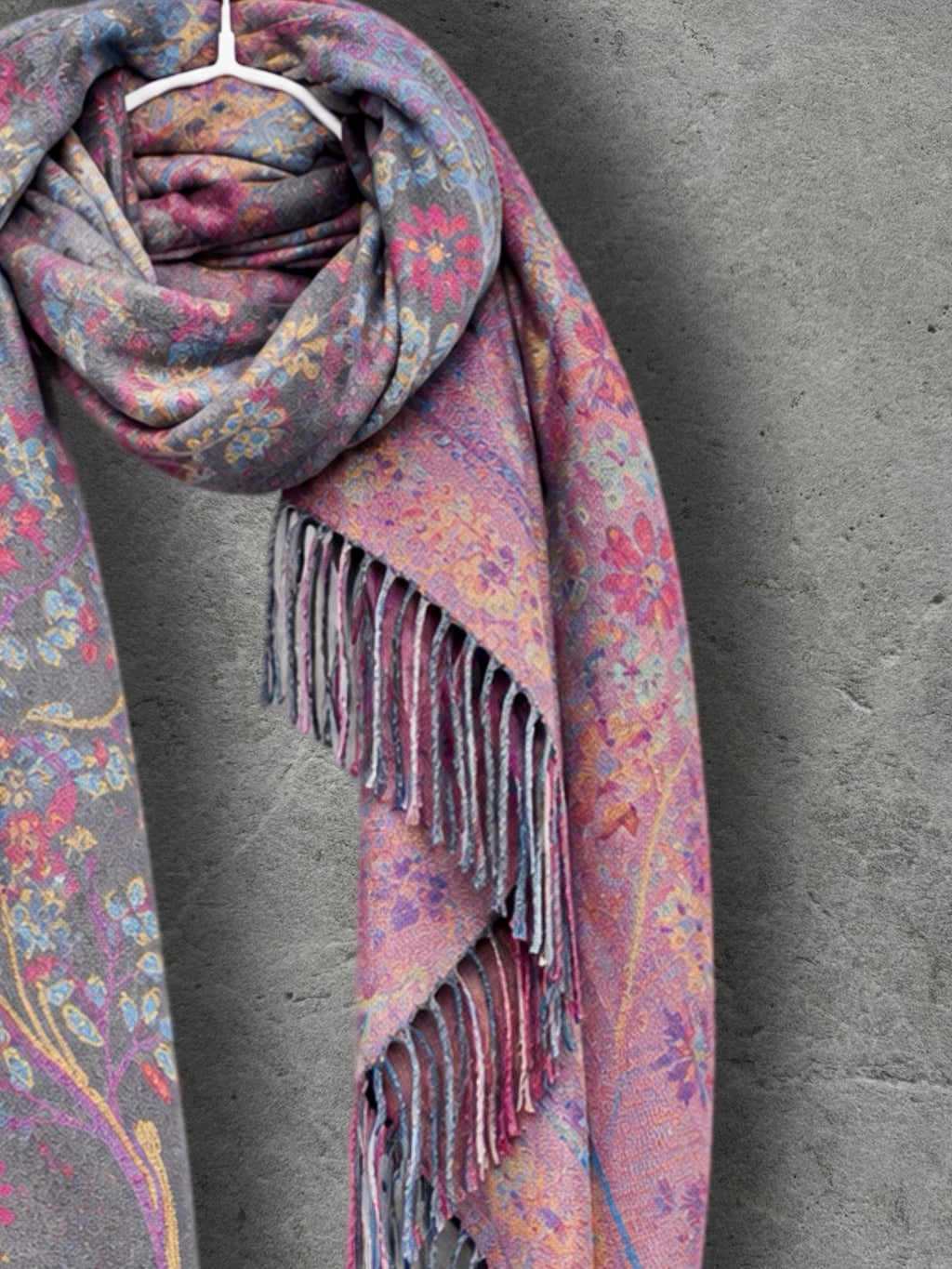 Grey Pink Botanical Winter Scarf, Reversible Floral Trees Wrap for Women, Colourful Boho Shawl,Warm Gifts for Her