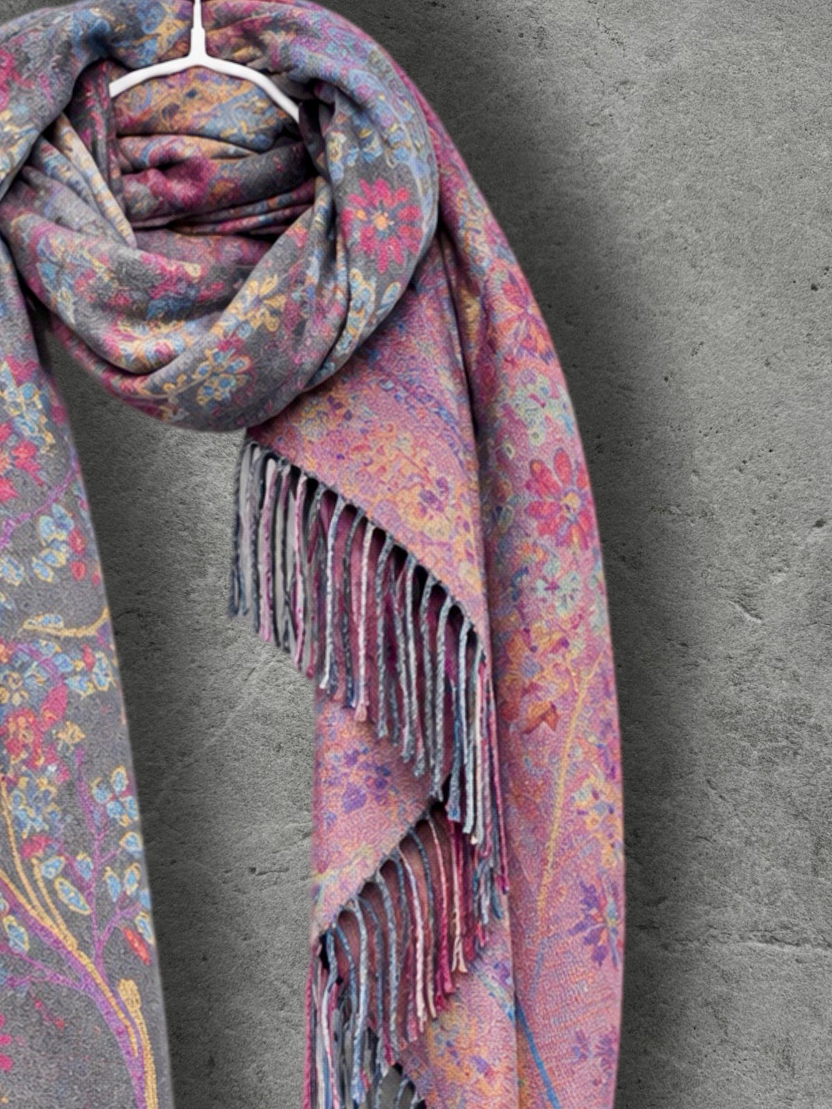Grey Pink Botanical Winter Scarf, Reversible Floral Trees Wrap for Women, Colourful Boho Shawl,Warm Gifts for Her