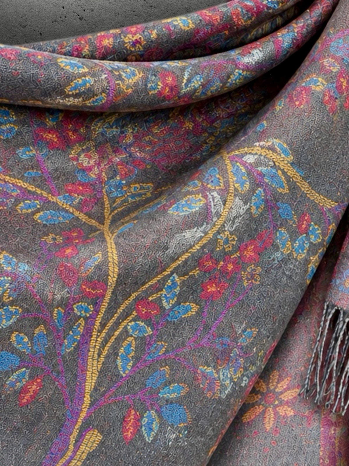 Grey Pink Botanical Winter Scarf, Reversible Floral Trees Wrap for Women, Colourful Boho Shawl,Warm Gifts for Her