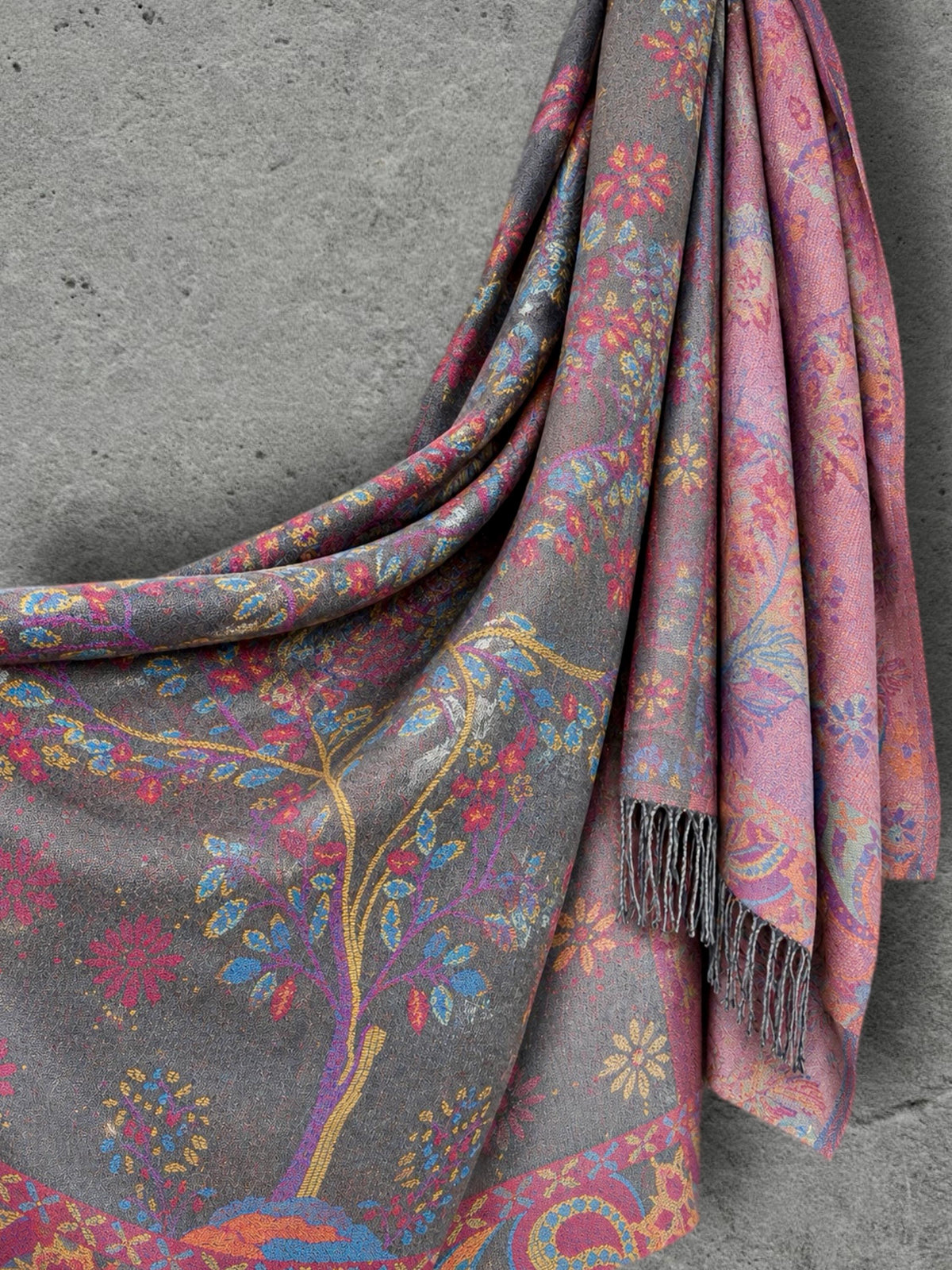 Grey Pink Botanical Winter Scarf, Reversible Floral Trees Wrap for Women, Colourful Boho Shawl,Warm Gifts for Her