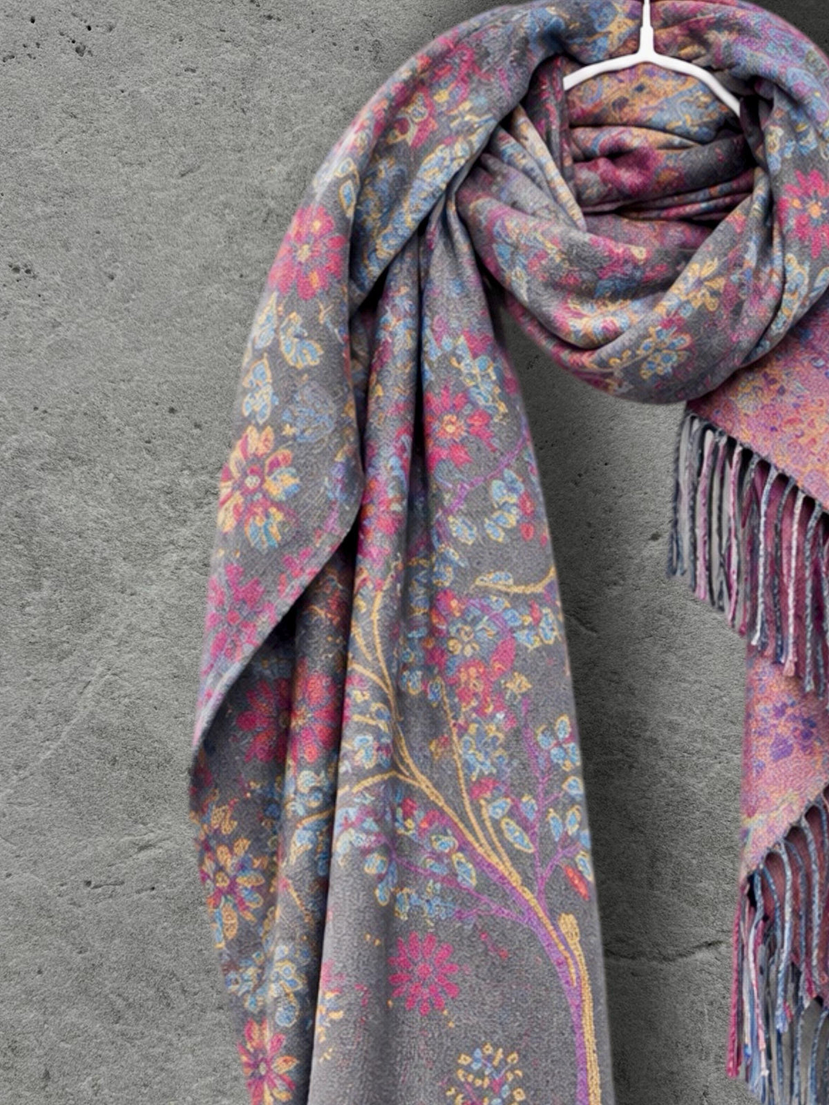 Grey Pink Botanical Winter Scarf, Reversible Floral Trees Wrap for Women, Colourful Boho Shawl,Warm Gifts for Her