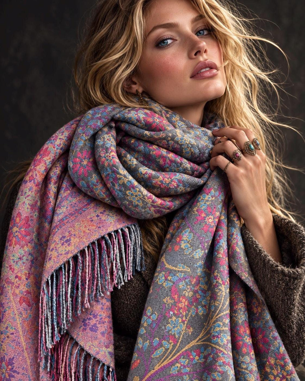 Grey Pink Botanical Winter Scarf, Reversible Floral Trees Wrap for Women, Colourful Boho Shawl,Warm Gifts for Her