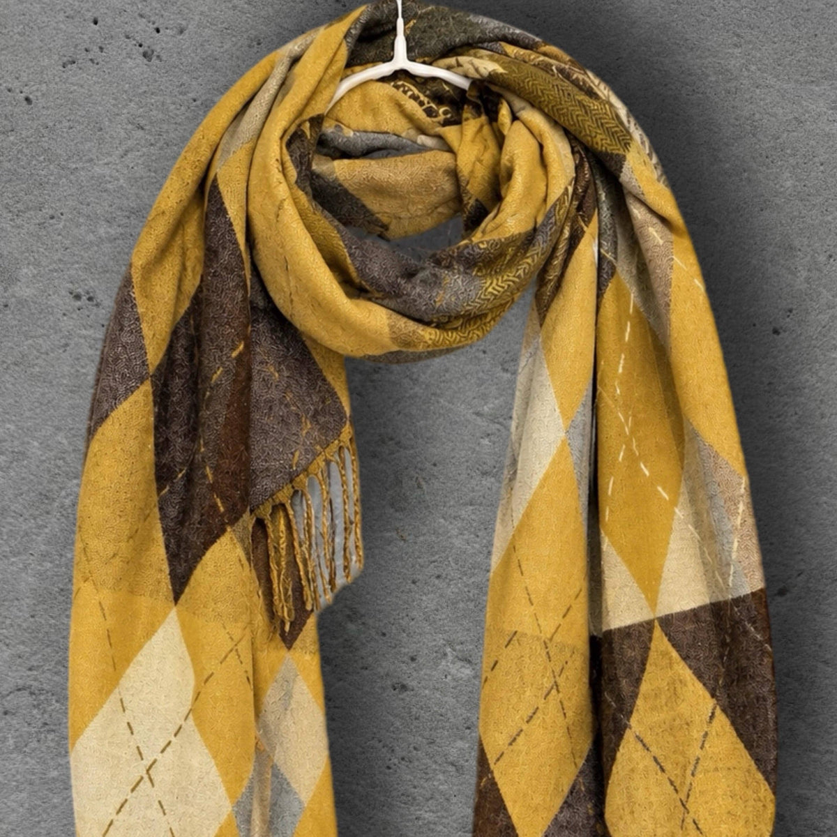 Mustard Argyle Reversible Winter Scarf, Yellow Brown Diamond Wrap, Soft Warm Fringe Shawl, Unisex Autumn Accessory