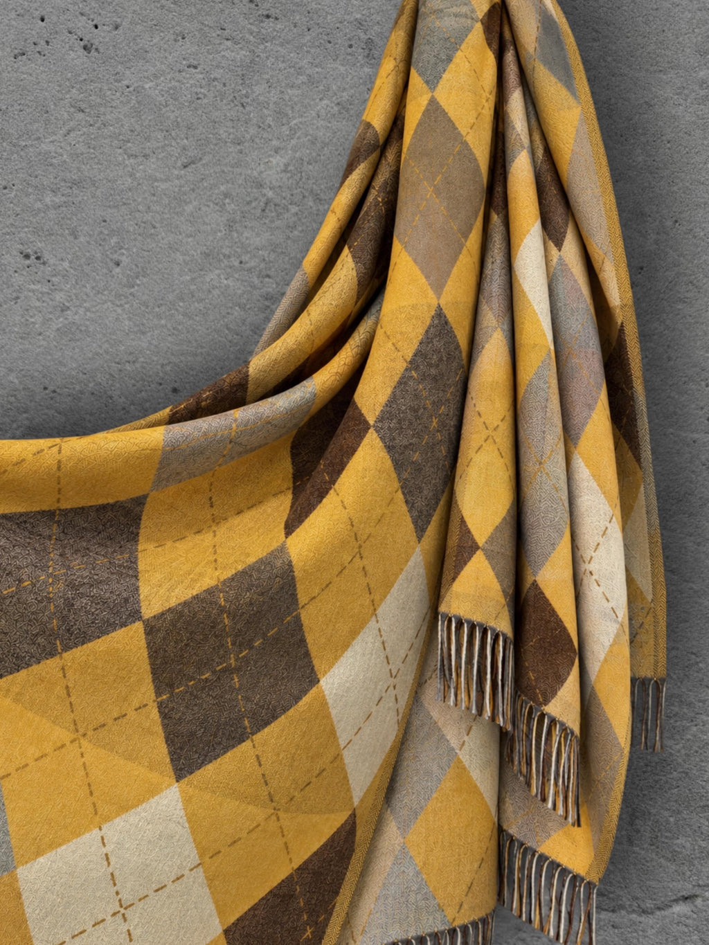 Mustard Argyle Reversible Winter Scarf, Yellow Brown Diamond Wrap, Soft Warm Fringe Shawl, Unisex Autumn Accessory