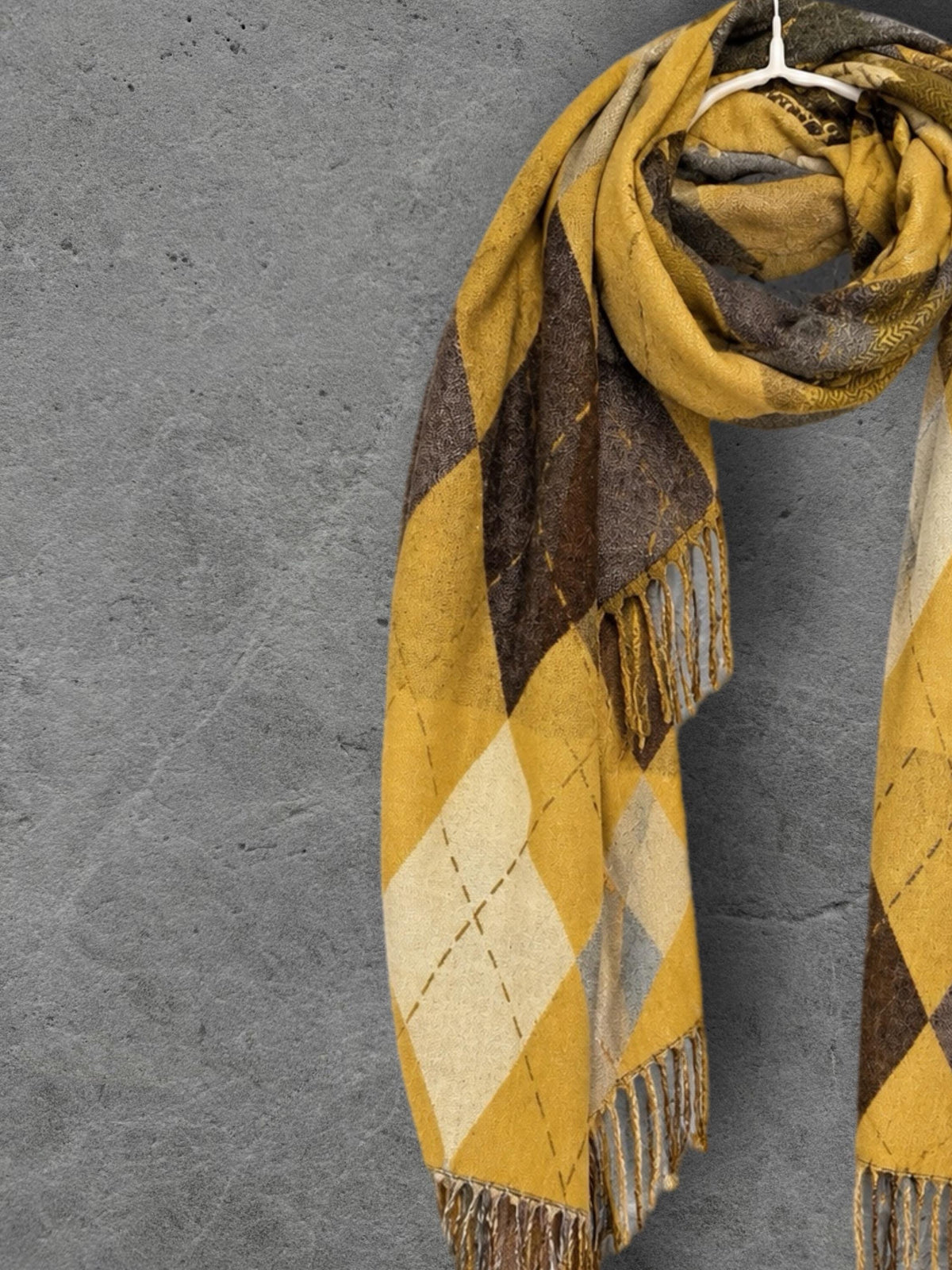 Mustard Argyle Reversible Winter Scarf, Yellow Brown Diamond Wrap, Soft Warm Fringe Shawl, Unisex Autumn Accessory