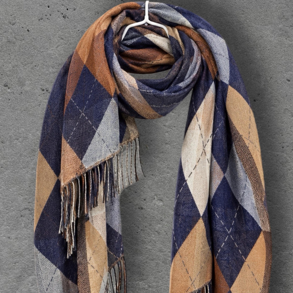 Navy Argyle Reversible Winter Scarf, Blue Camel Diamond Wrap, Soft Warm Fringe Shawl, Unisex Classic Accessory