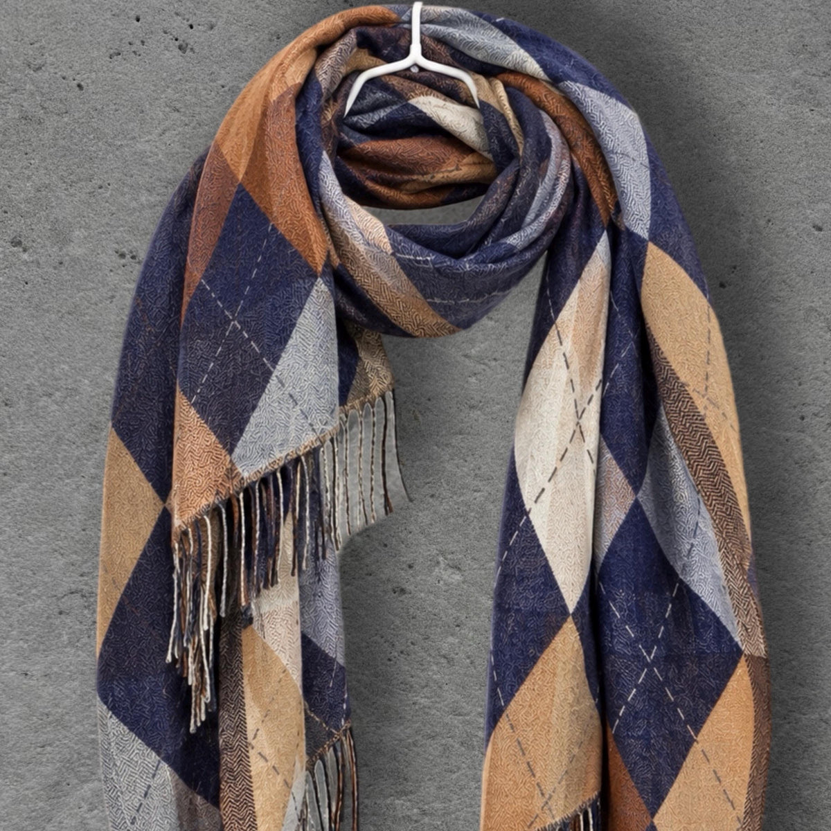Navy Argyle Reversible Winter Scarf, Blue Camel Diamond Wrap, Soft Warm Fringe Shawl, Unisex Classic Accessory