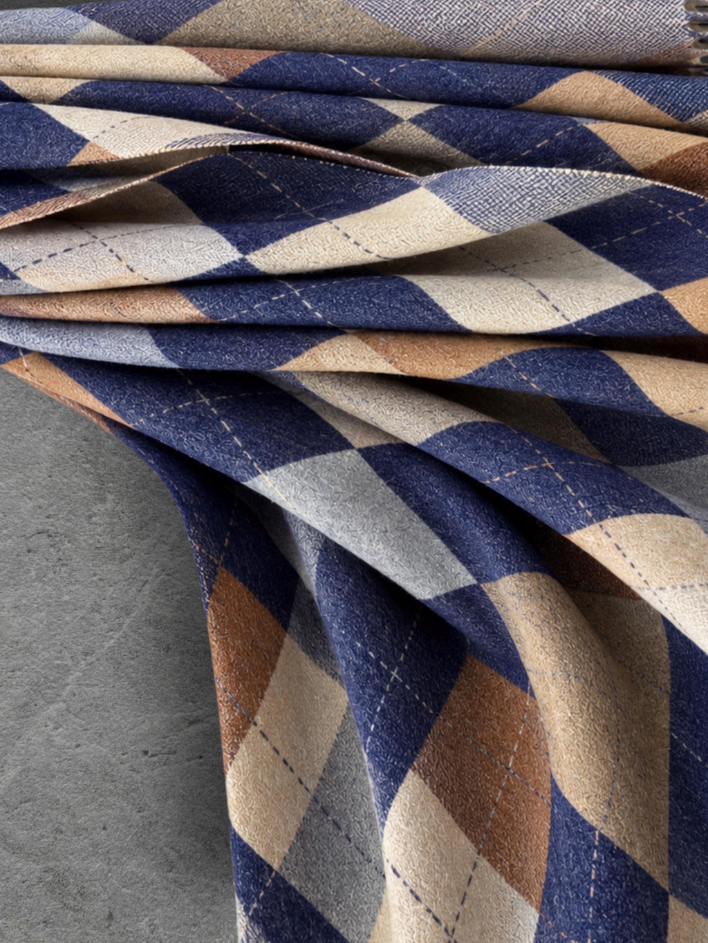 Navy Argyle Reversible Winter Scarf, Blue Camel Diamond Wrap, Soft Warm Fringe Shawl, Unisex Classic Accessory