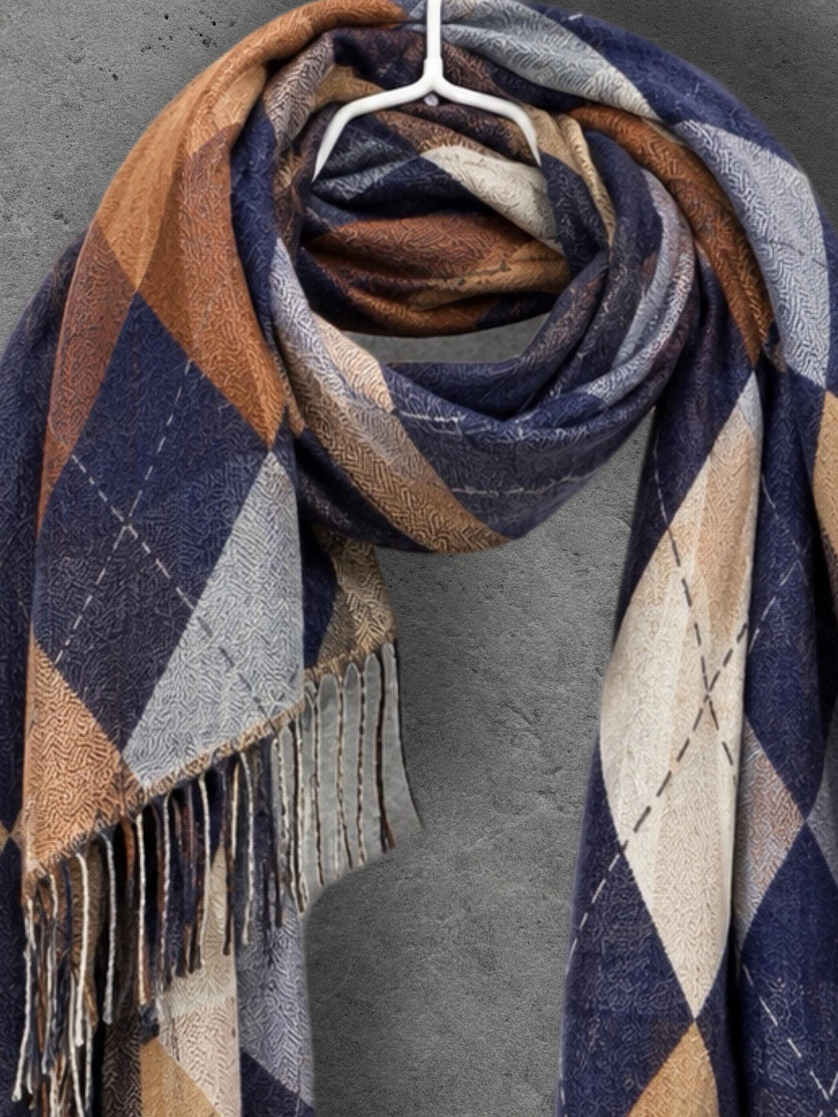 Navy Argyle Reversible Winter Scarf, Blue Camel Diamond Wrap, Soft Warm Fringe Shawl, Unisex Classic Accessory
