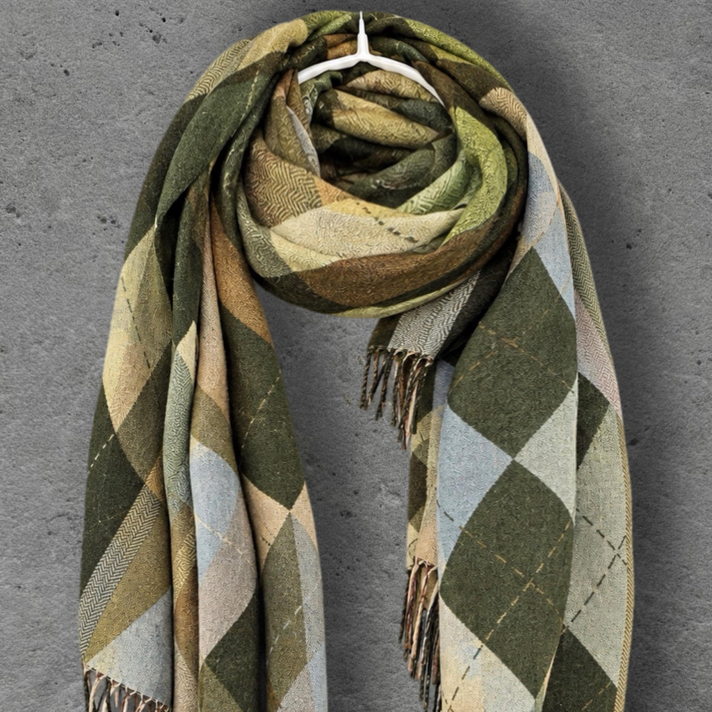Green Argyle Reversible Winter Scarf, Olive Lime Diamond Wrap, Soft Warm Fringe Shawl, Unisex Boho Accessory