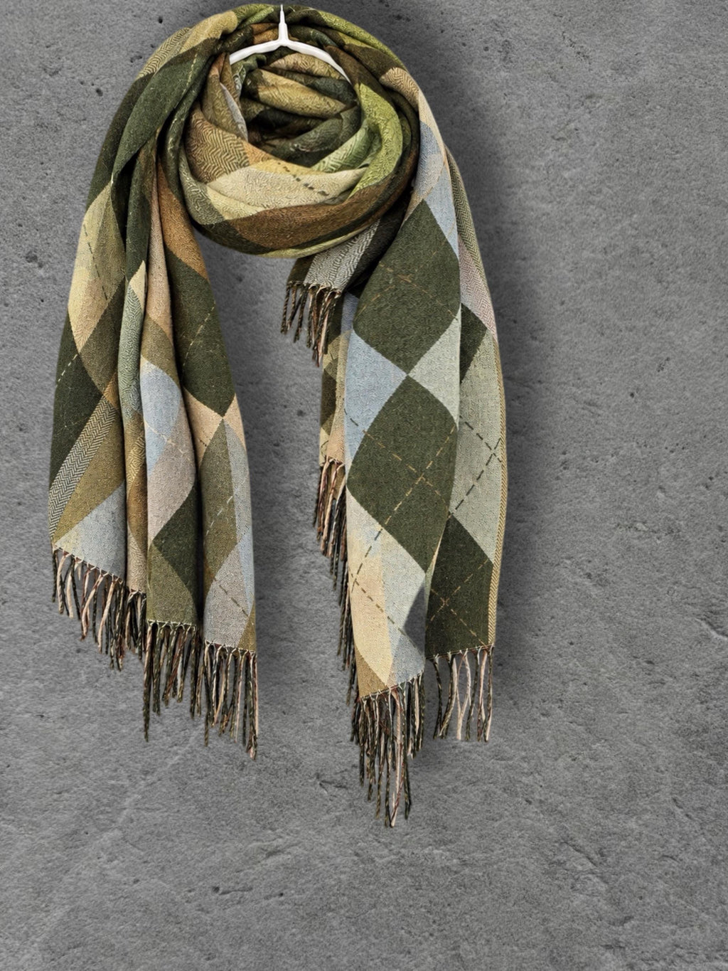 Green Argyle Reversible Winter Scarf, Olive Lime Diamond Wrap, Soft Warm Fringe Shawl, Unisex Boho Accessory