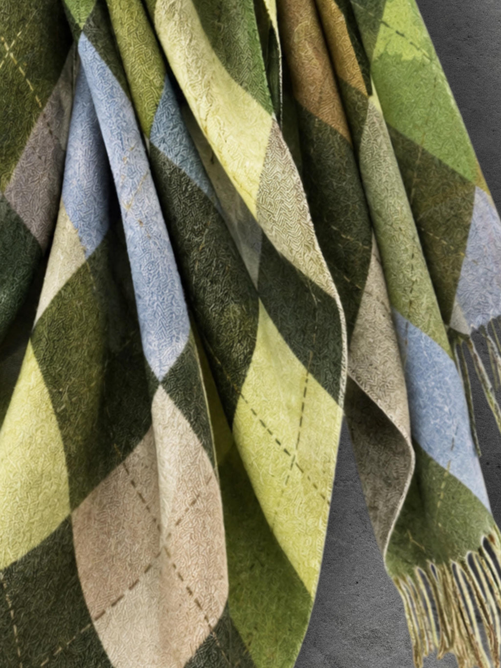 Green Argyle Reversible Winter Scarf, Olive Lime Diamond Wrap, Soft Warm Fringe Shawl, Unisex Boho Accessory