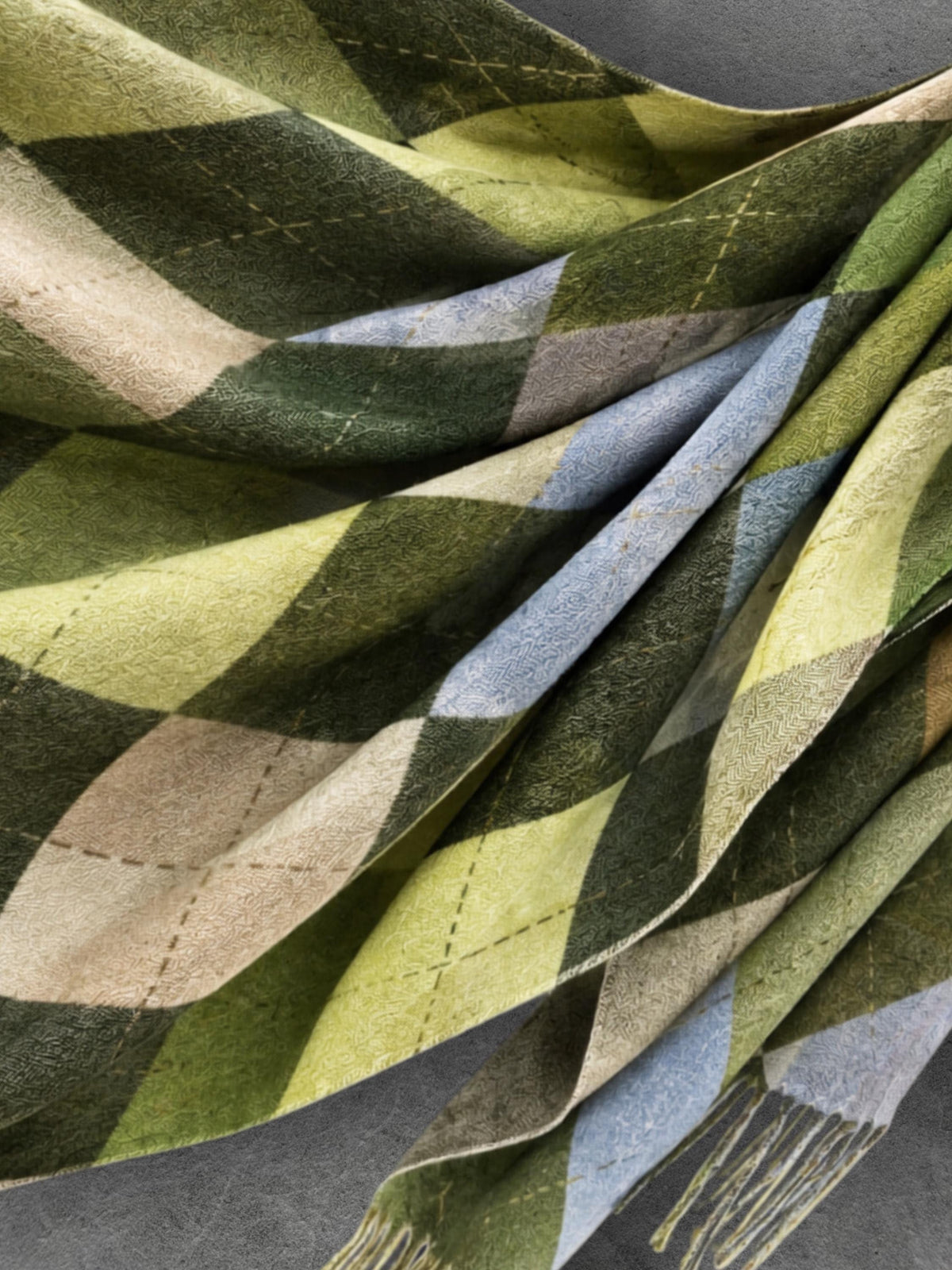 Green Argyle Reversible Winter Scarf, Olive Lime Diamond Wrap, Soft Warm Fringe Shawl, Unisex Boho Accessory