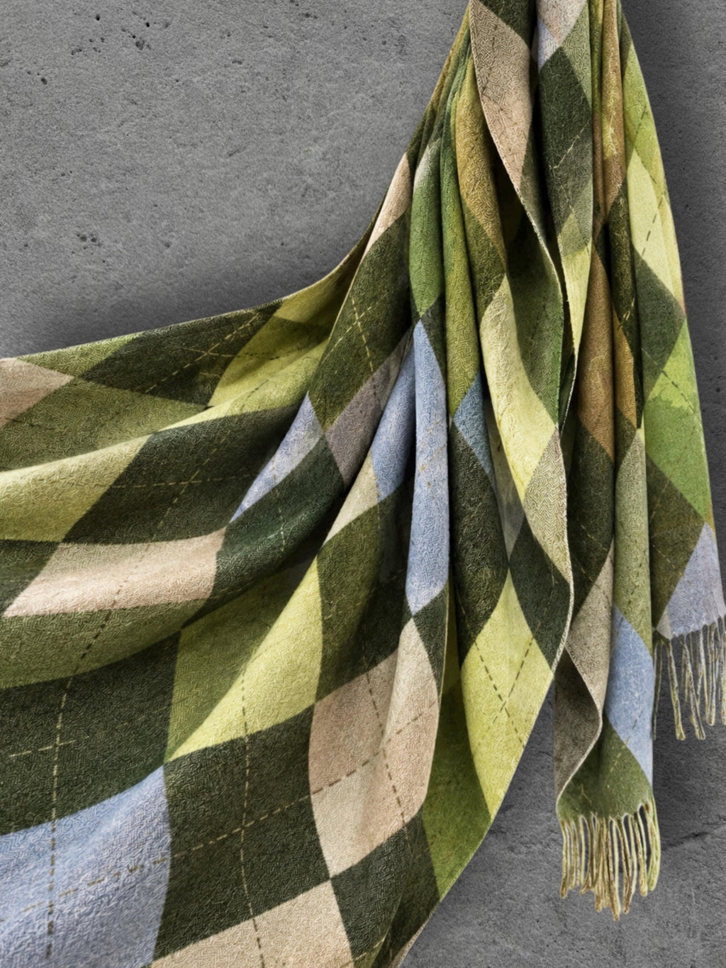 Green Argyle Reversible Winter Scarf, Olive Lime Diamond Wrap, Soft Warm Fringe Shawl, Unisex Boho Accessory