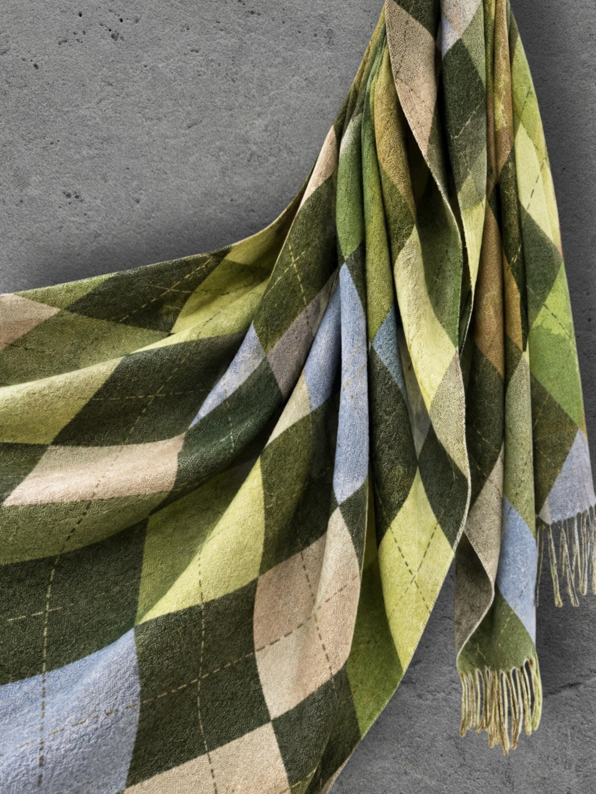Green Argyle Reversible Winter Scarf, Olive Lime Diamond Wrap, Soft Warm Fringe Shawl, Unisex Boho Accessory