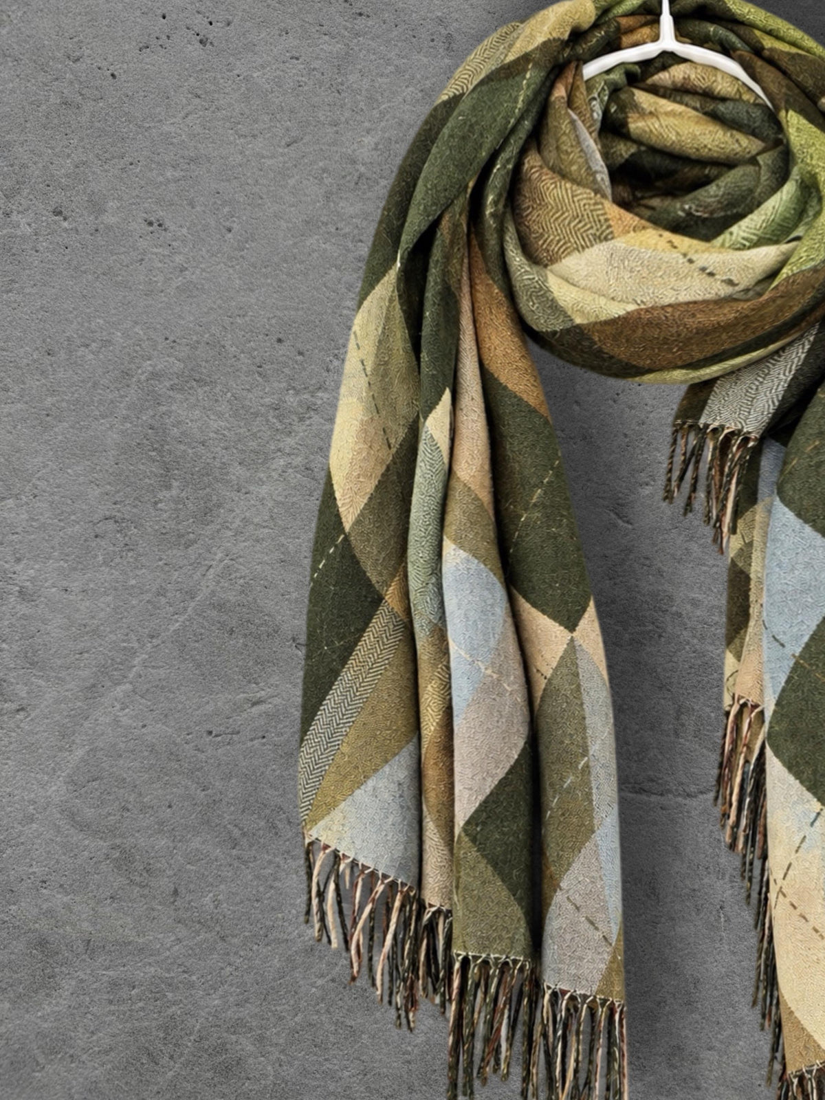 Green Argyle Reversible Winter Scarf, Olive Lime Diamond Wrap, Soft Warm Fringe Shawl, Unisex Boho Accessory