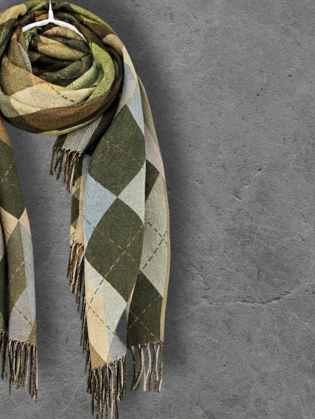Green Argyle Reversible Winter Scarf, Olive Lime Diamond Wrap, Soft Warm Fringe Shawl, Unisex Boho Accessory