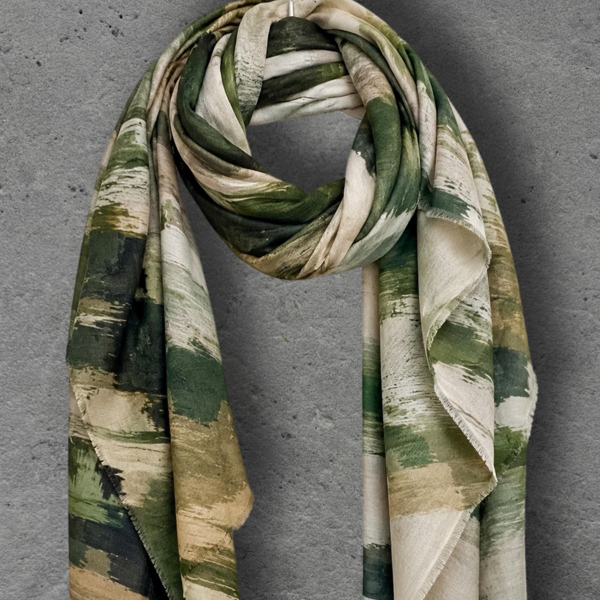 Forest Green Brushstroke Scarf, Abstract Autumn Wrap, Cream Camel Cotton Viscose Shawl, Artistic Women’s Accessory, Gift for Her