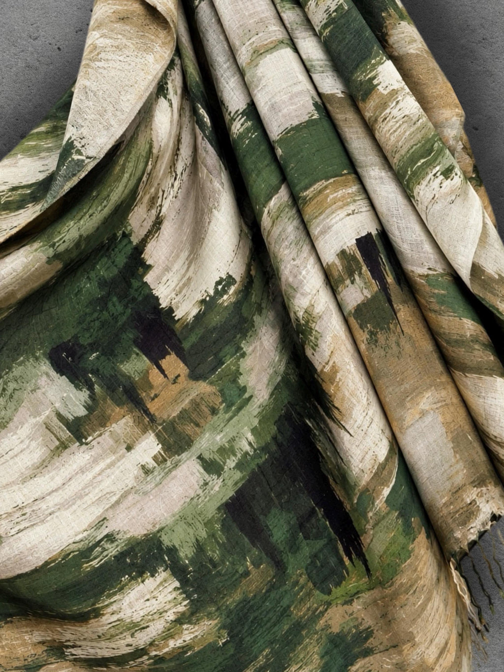 Forest Green Brushstroke Scarf, Abstract Autumn Wrap, Cream Camel Cotton Viscose Shawl, Artistic Women’s Accessory, Gift for Her