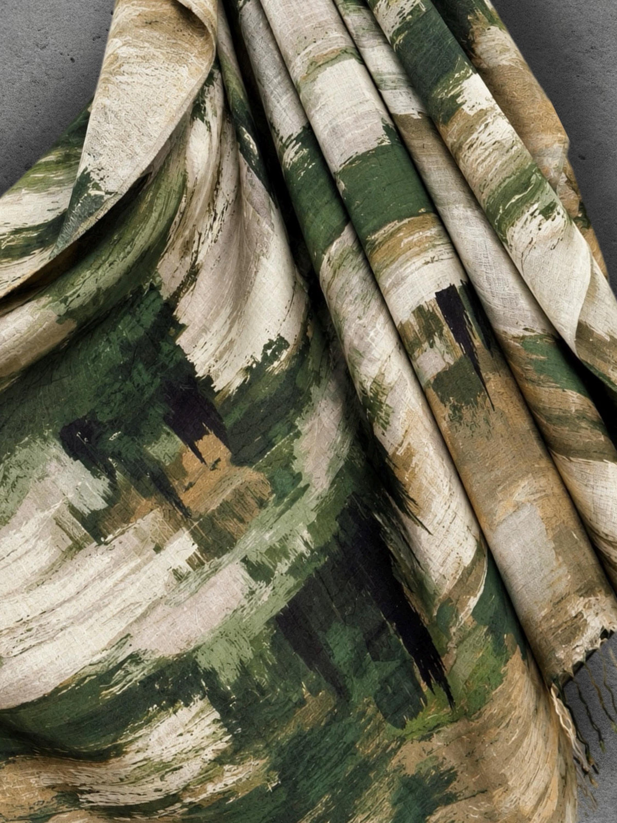 Forest Green Brushstroke Scarf, Abstract Autumn Wrap, Cream Camel Cotton Viscose Shawl, Artistic Women’s Accessory, Gift for Her