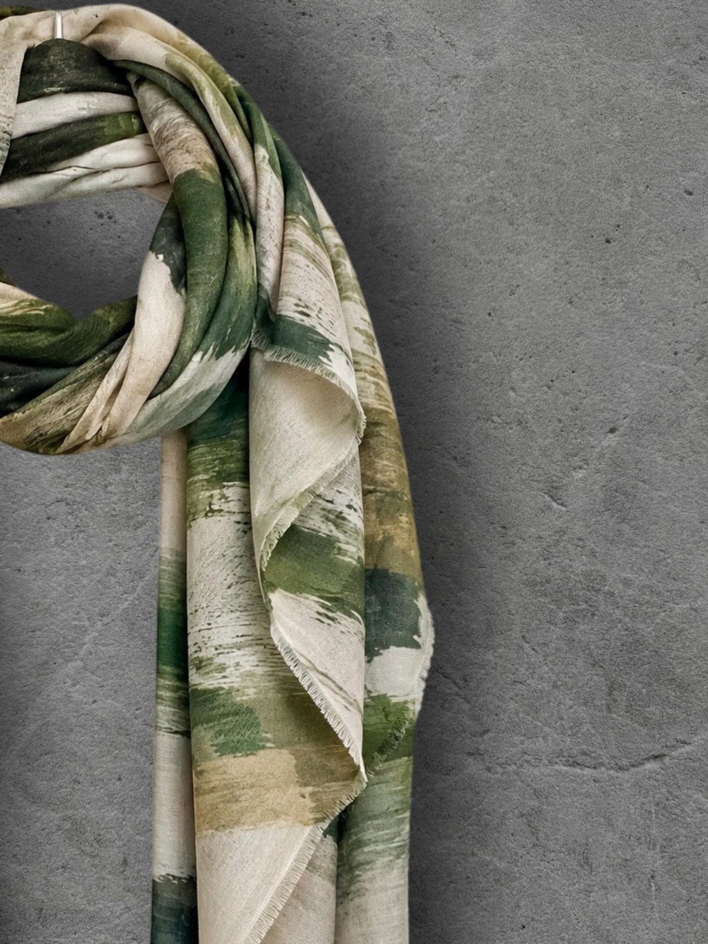 Forest Green Brushstroke Scarf, Abstract Autumn Wrap, Cream Camel Cotton Viscose Shawl, Artistic Women’s Accessory, Gift for Her