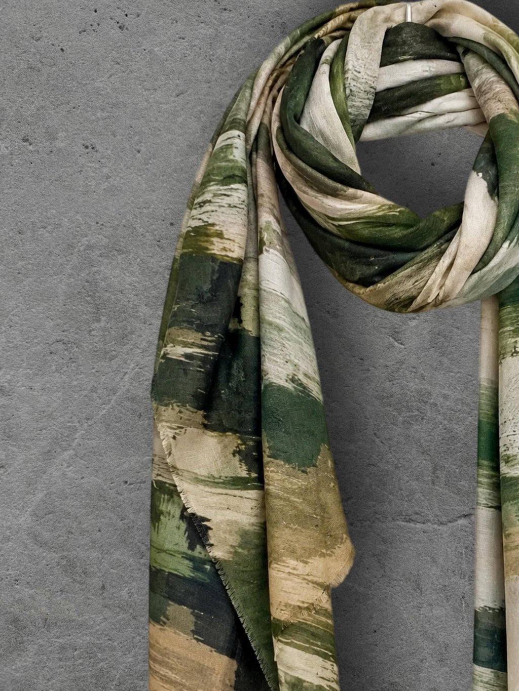 Forest Green Brushstroke Scarf, Abstract Autumn Wrap, Cream Camel Cotton Viscose Shawl, Artistic Women’s Accessory, Gift for Her