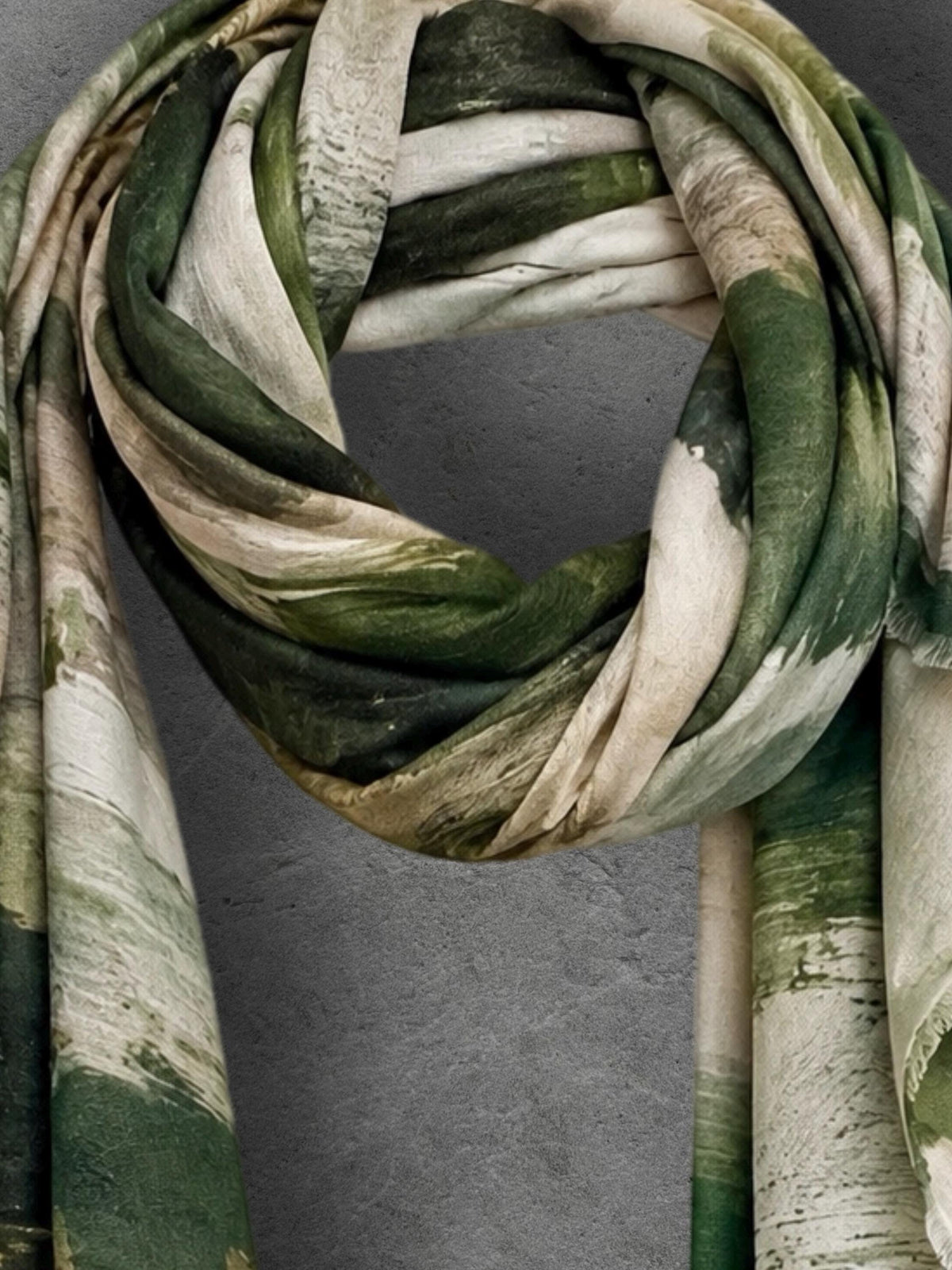 Forest Green Brushstroke Scarf, Abstract Autumn Wrap, Cream Camel Cotton Viscose Shawl, Artistic Women’s Accessory, Gift for Her