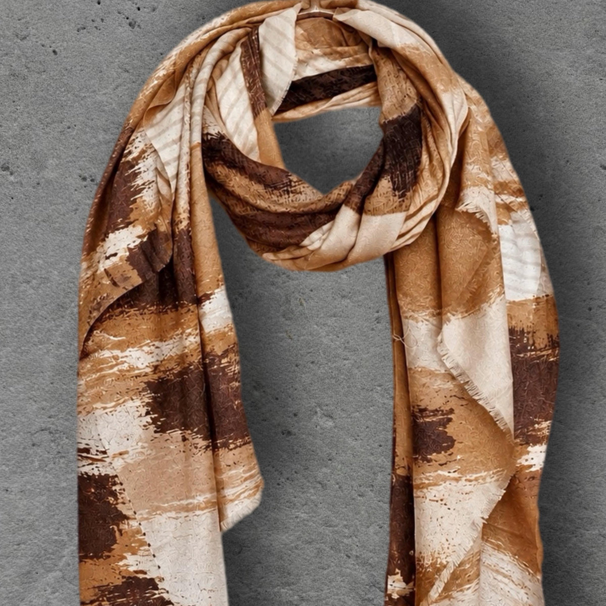 Chocolate Brown Painted Scarf, Caramel Cream Abstract Wrap, Earth Tone Cotton Viscose Shawl, Modern Autumn Accessory, Women’s Gift