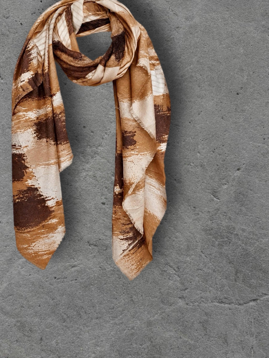 Chocolate Brown Painted Scarf, Caramel Cream Abstract Wrap, Earth Tone Cotton Viscose Shawl, Modern Autumn Accessory, Women’s Gift