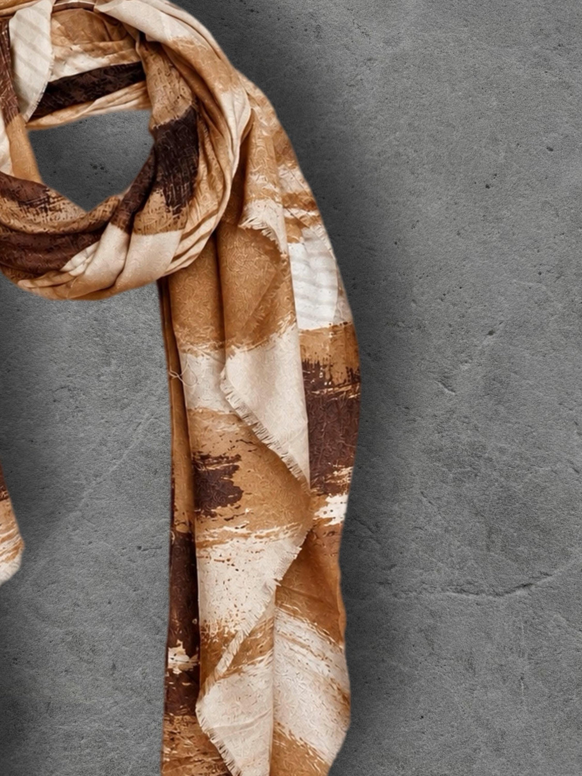 Chocolate Brown Painted Scarf, Caramel Cream Abstract Wrap, Earth Tone Cotton Viscose Shawl, Modern Autumn Accessory, Women’s Gift