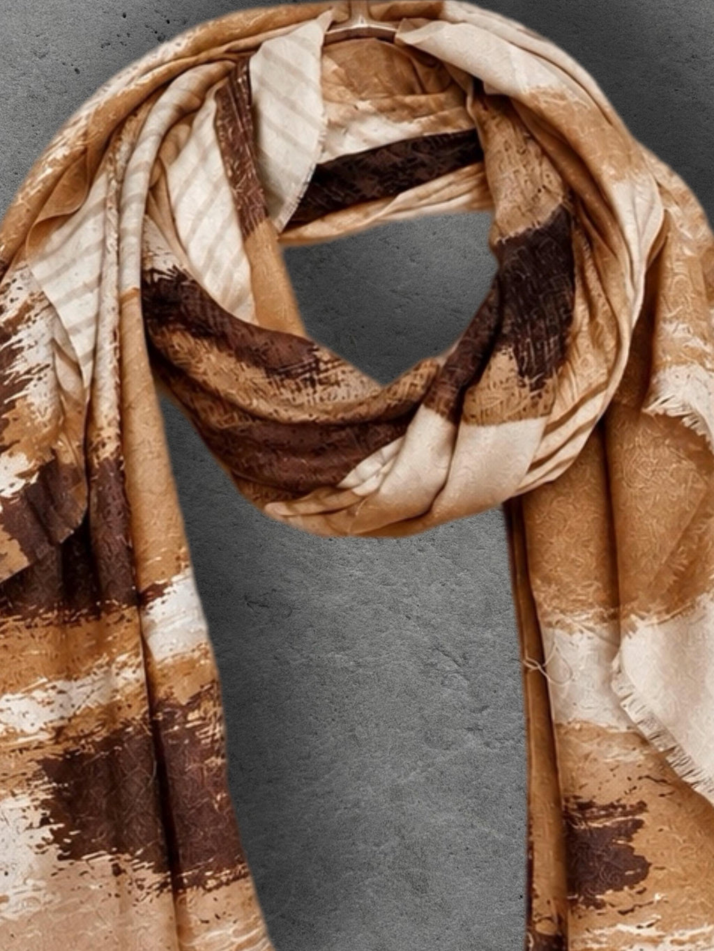 Chocolate Brown Painted Scarf, Caramel Cream Abstract Wrap, Earth Tone Cotton Viscose Shawl, Modern Autumn Accessory, Women’s Gift