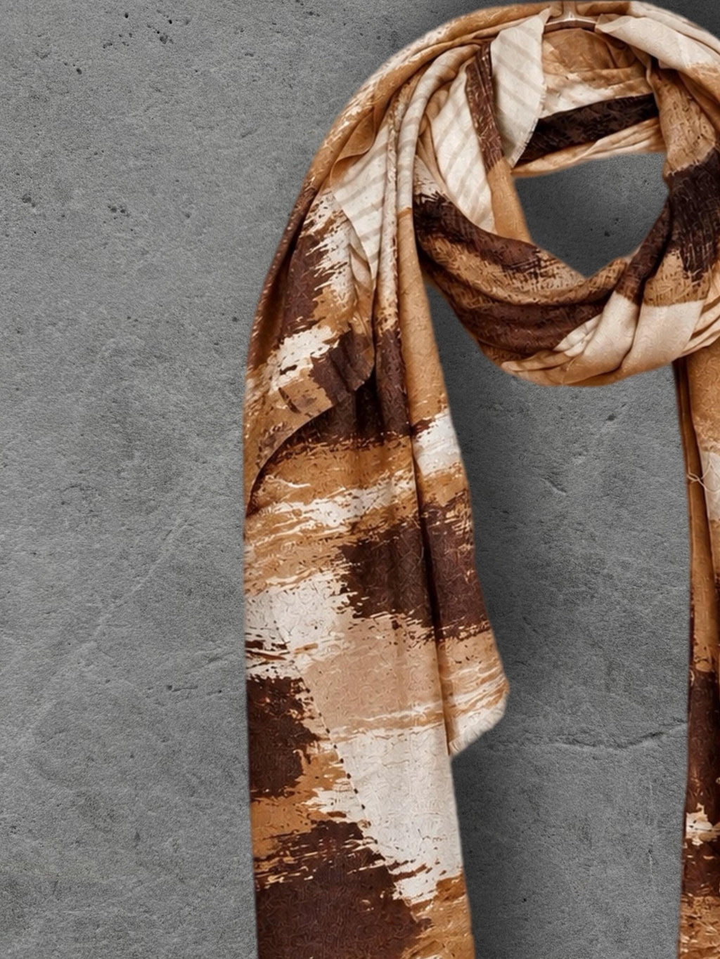 Chocolate Brown Painted Scarf, Caramel Cream Abstract Wrap, Earth Tone Cotton Viscose Shawl, Modern Autumn Accessory, Women’s Gift