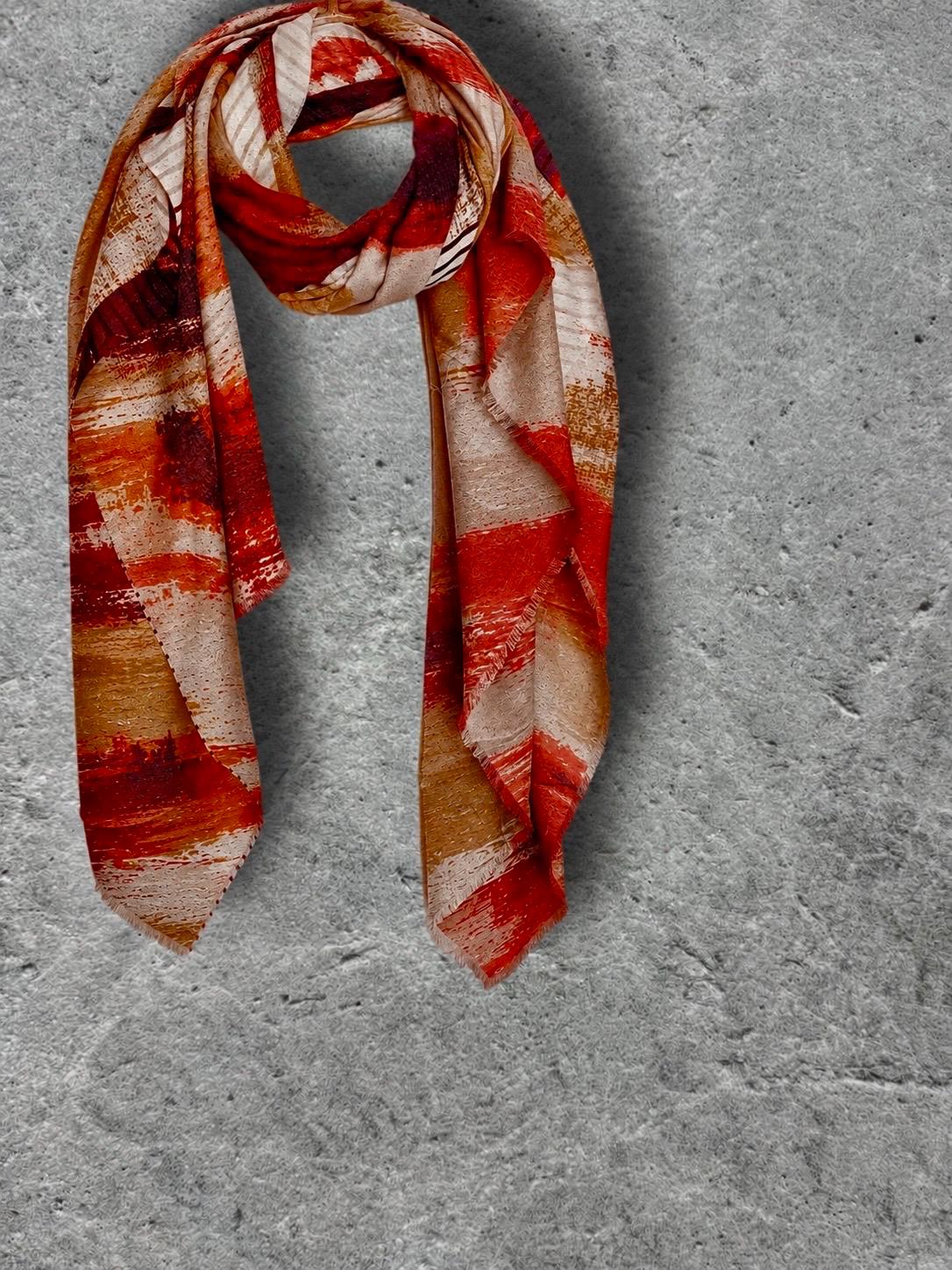 Red Beige Brushstroke Scarf, Burnt Orange Artistic Wrap, Abstract Cotton Viscose Shawl, Vibrant Fall Fashion, Statement Women’s Scarf