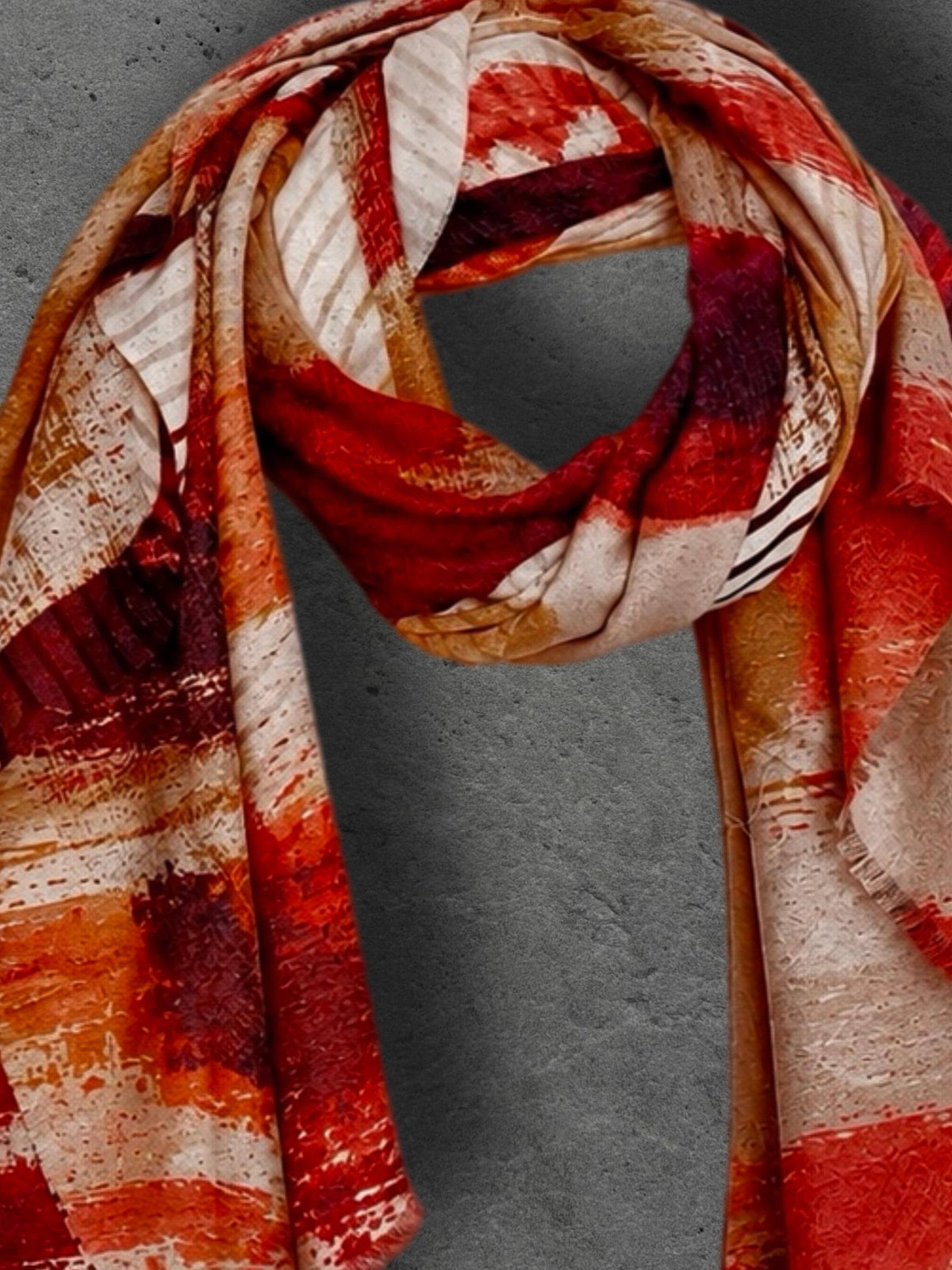 Red Beige Brushstroke Scarf, Burnt Orange Artistic Wrap, Abstract Cotton Viscose Shawl, Vibrant Fall Fashion, Statement Women’s Scarf