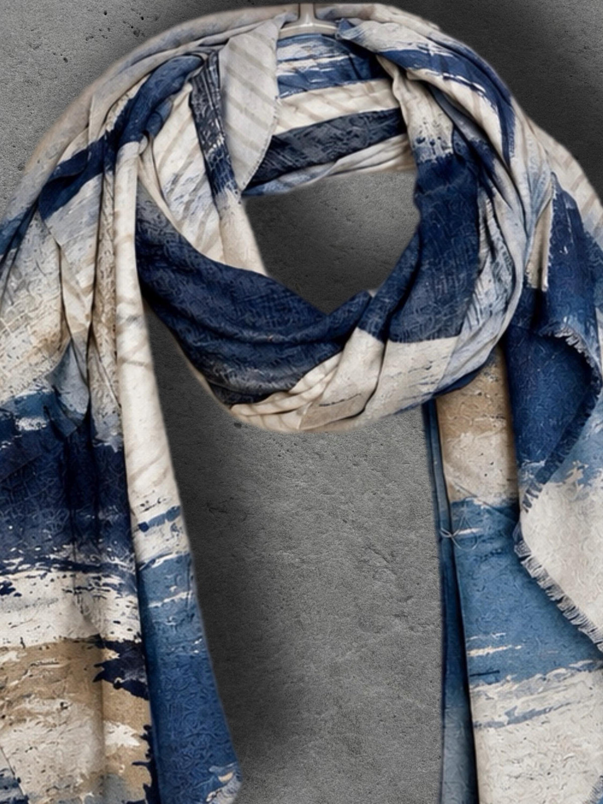 Navy Blue Abstract Scarf, Powder Blue Cream Brushstroke Wrap, Cotton Viscose Artistic Shawl, Contemporary Women’s Autumn Accessory